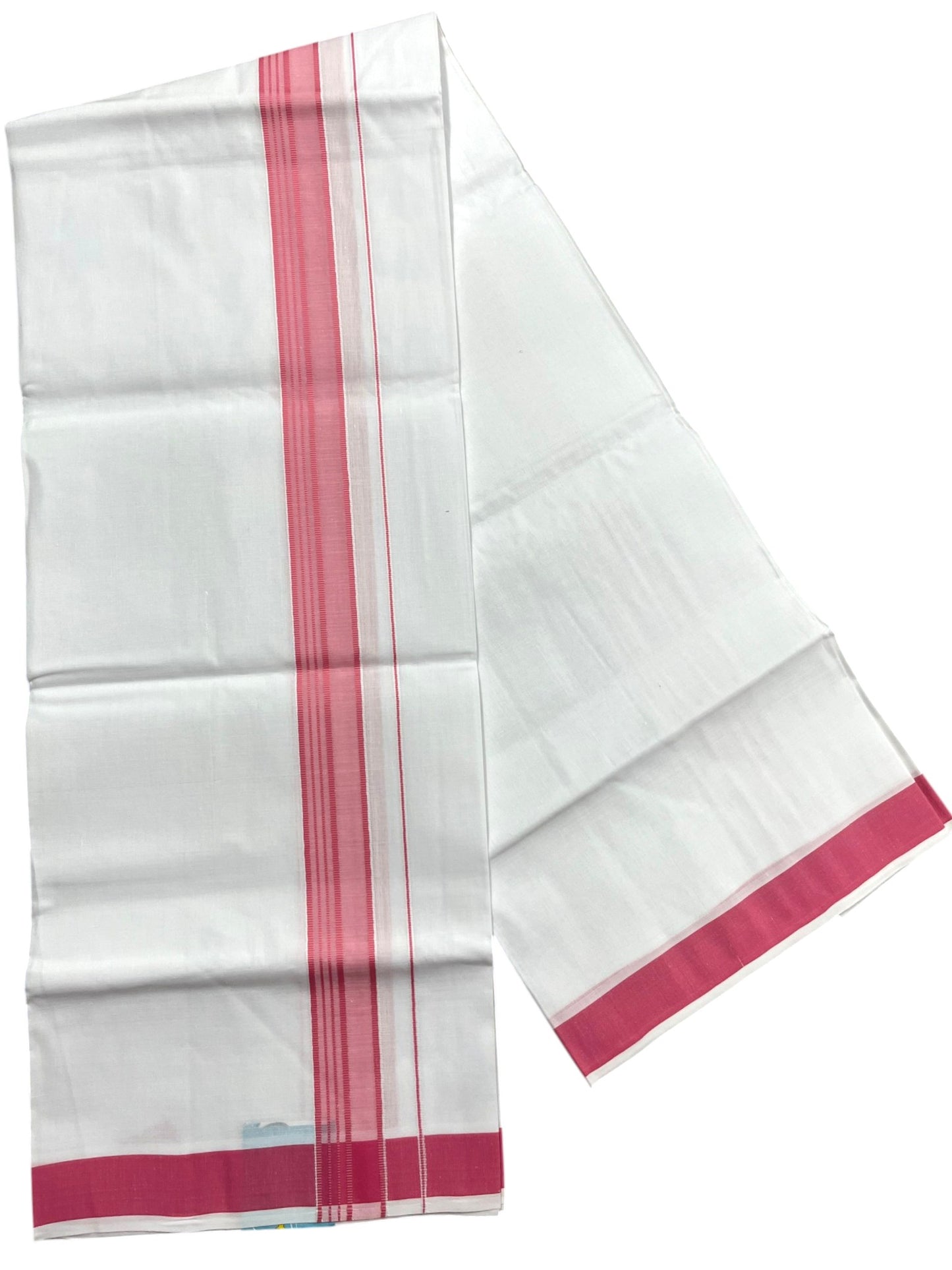 Southloom Pure White Cotton Mundu with Pink Lines Border (South Indian Kerala Dhoti)