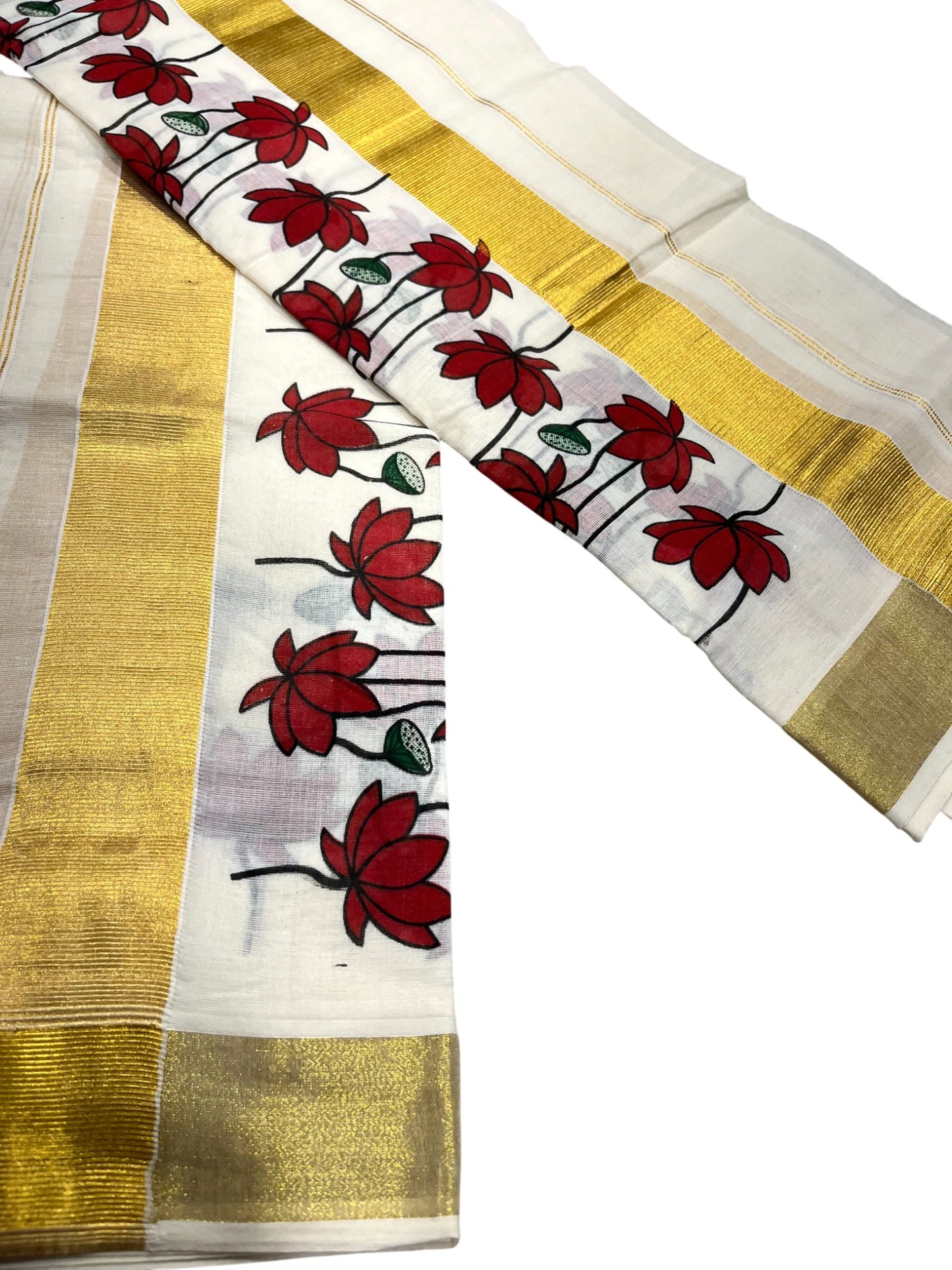 Southloom Kerala Cotton Set Mundu (Mundum Neriyathum) with Maroon Floral Block Printed Design 2.80Mtrs