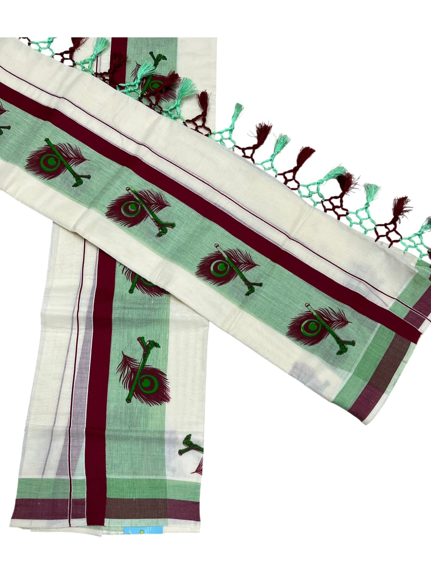 Southloom Cotton Single Set Mundu (Mundu Neriyathum) With Mural Print Green And Maroon Border Kasavu in 2.80 Mtrs With Tussles