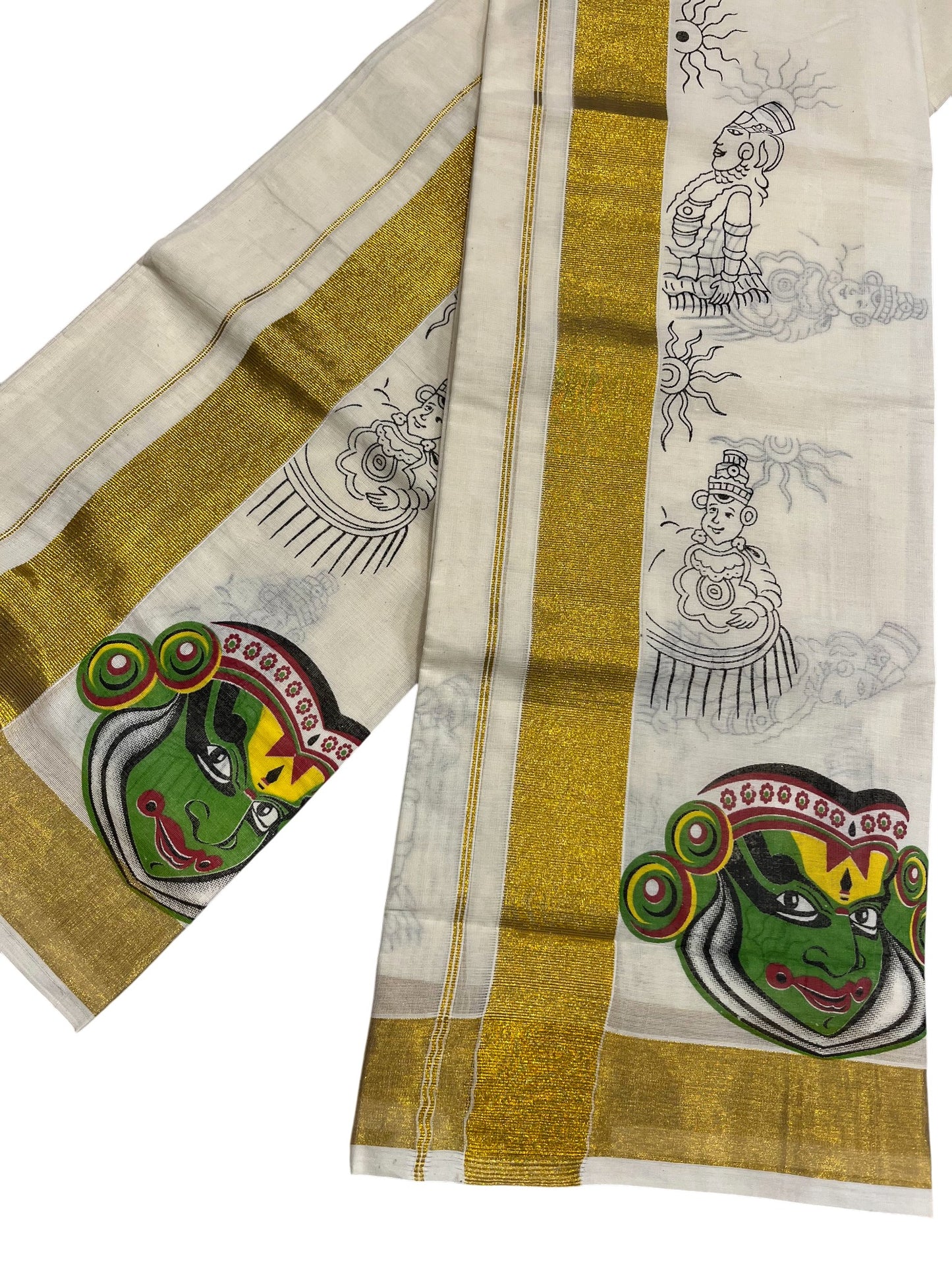 Southloom Kerala Cotton Set Mundu (Mundum Neriyathum) with Kadhakali Printed Design