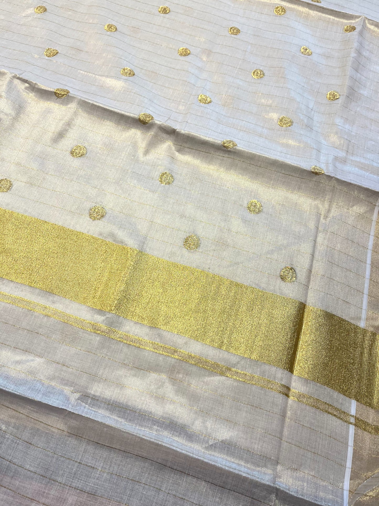 Southloom Kerala Tissue Kasavu Stripes Saree with Polka Embroidery Works Across Body