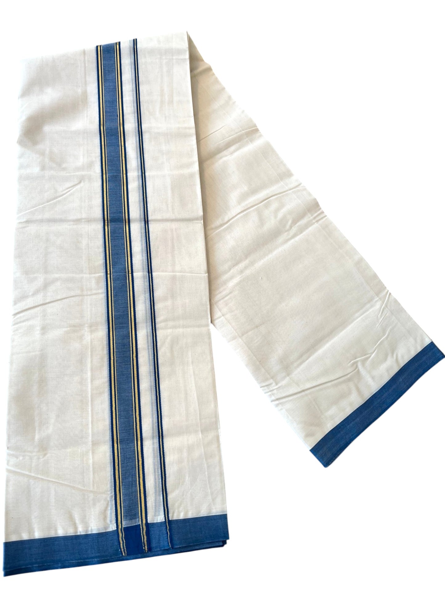 Southloom Pure Cotton Mundu with Golden Lines and Blue Border (South Indian Kerala Dhoti)