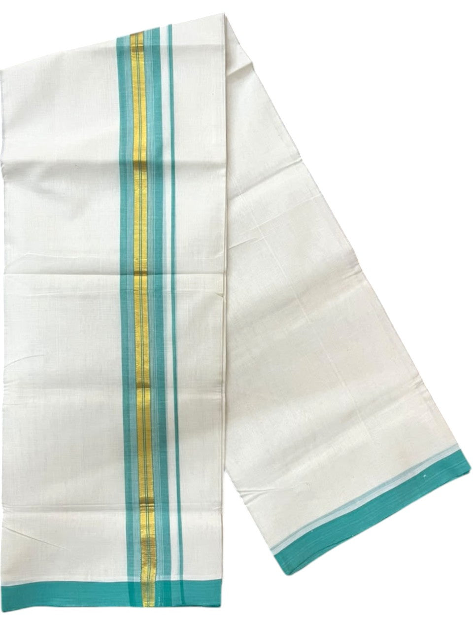 Southloom Balaramapuram Unakkupaavu Premium Handloom Cotton Double Mundu with Gold Kasavu and Turquoise Border