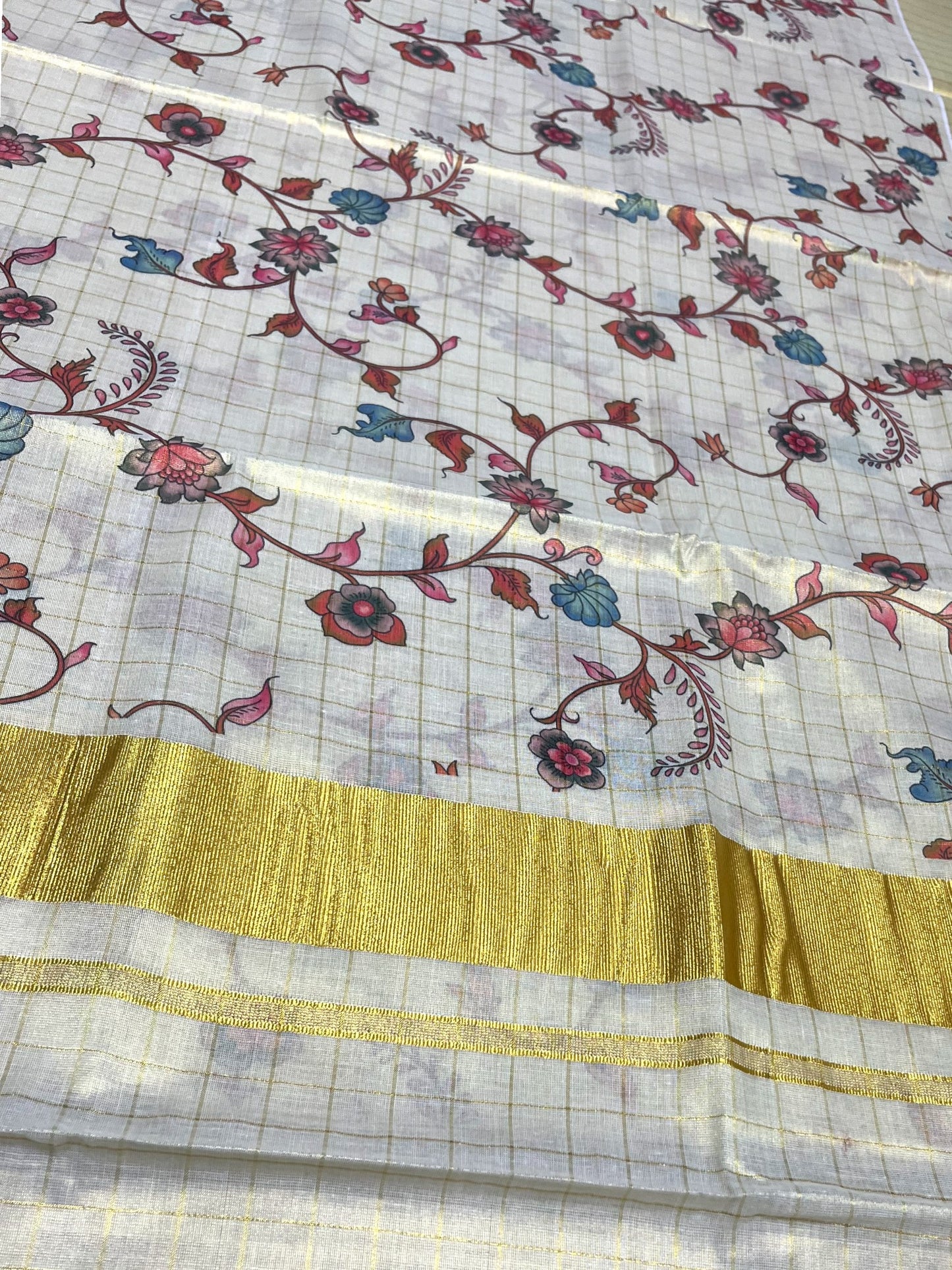 Southloom Tissue Check Kalamkari Print Kerala Kasavu Saree in Blue