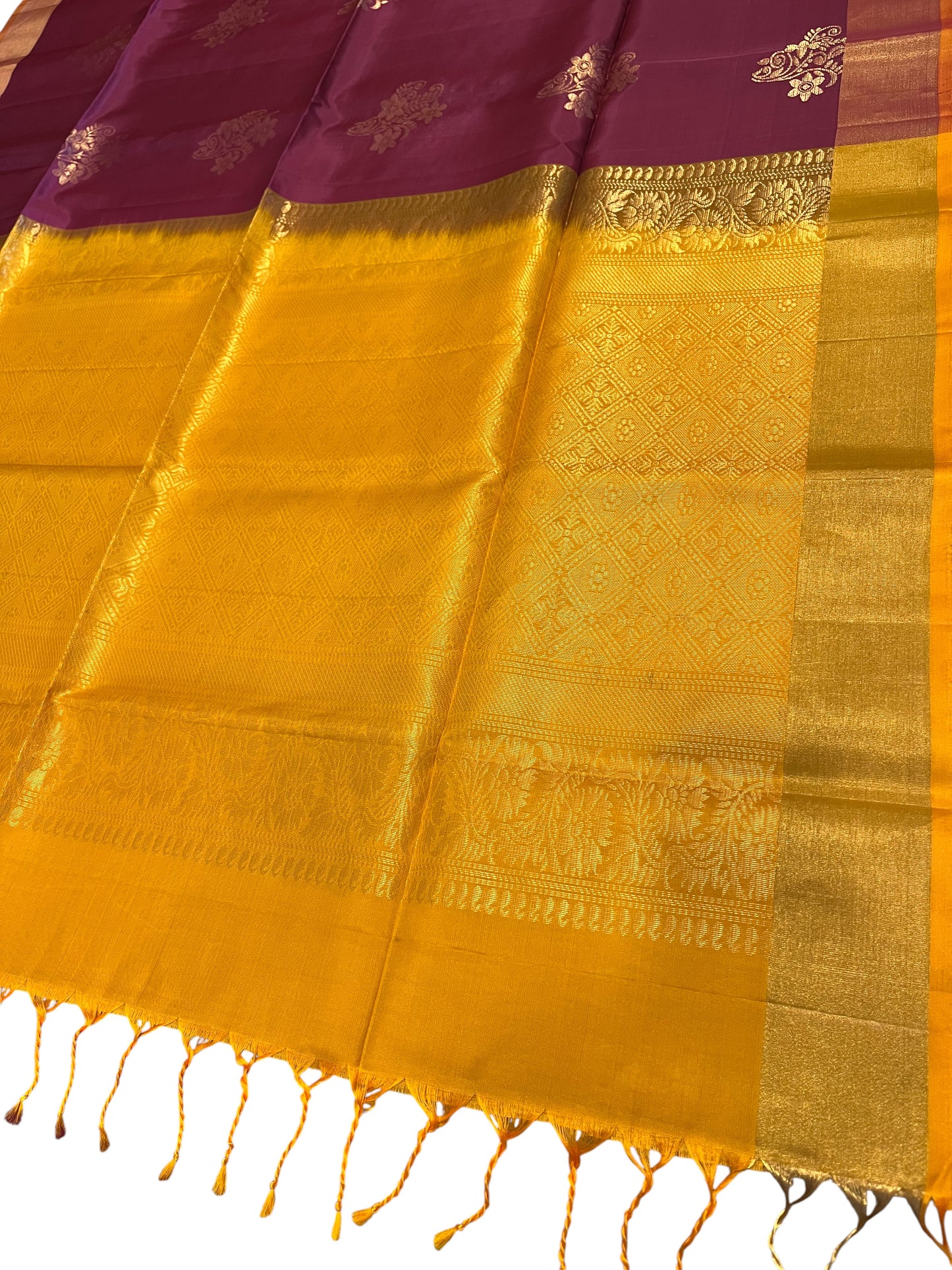 Southloom Pure Handloom Kanchipuram Silk Saree with Butta Work (Yellow & Purple)