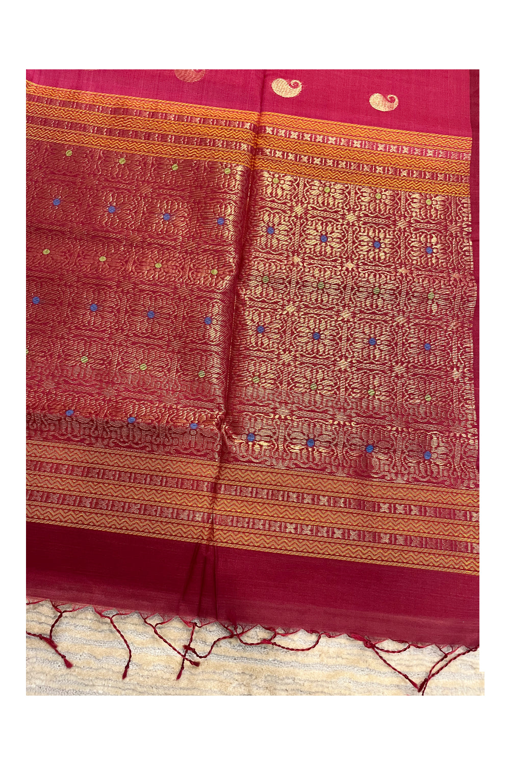 Southloom Pure Handloom Cotton Silk Saree With Handwoven Work Across Body and Blouse in Maroon And Magenta