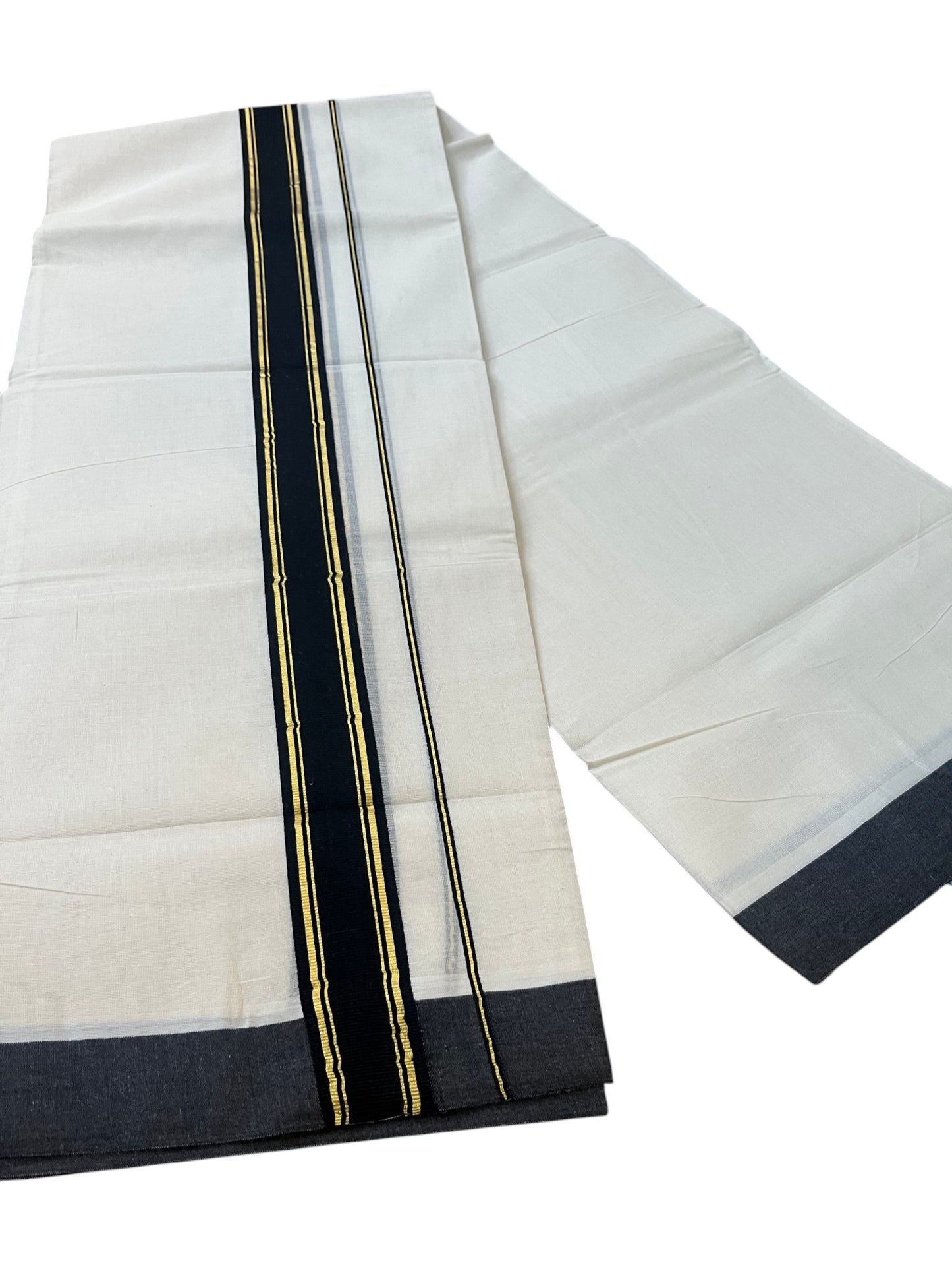 Southloom Pure Cotton Mundu with Golden Lines and Black Border (South Indian Kerala Dhoti)