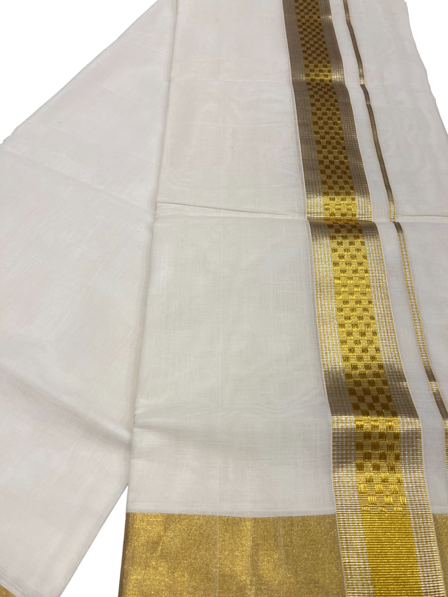 Southloom Premium Handloom Cotton Double Mundu with Gold Paaya Neythu And Silver Gold Lines Kasavu Border