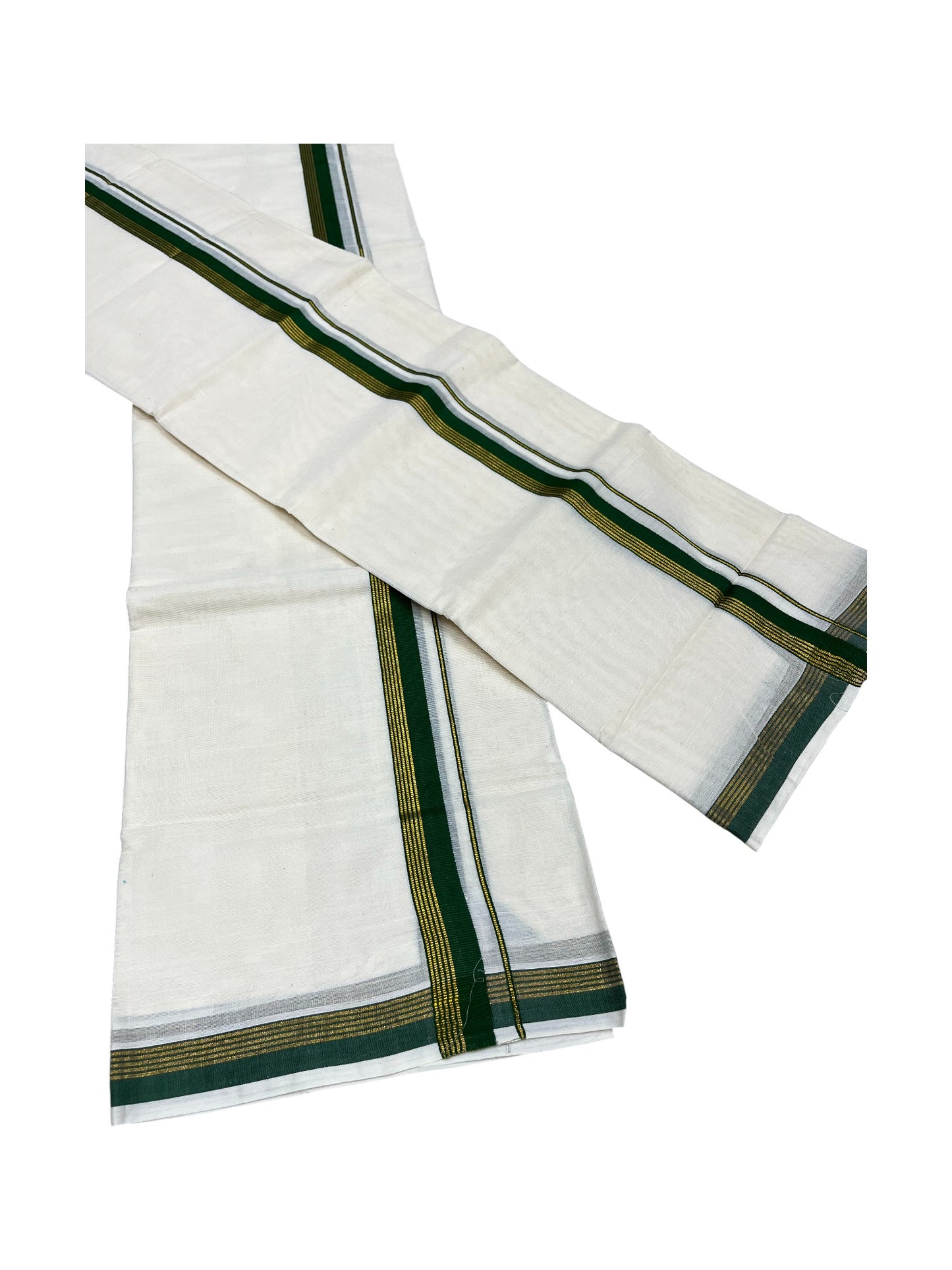 Pure Cotton Kerala Single Set Mundu (Mundum Neriyathum) with Green Kasavu Border in 2.80 Mtrs