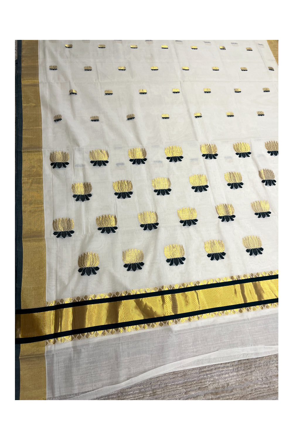 Southloom Premium Cotton Handloom Kerala Kasavu Saree with Woven Lotus Work