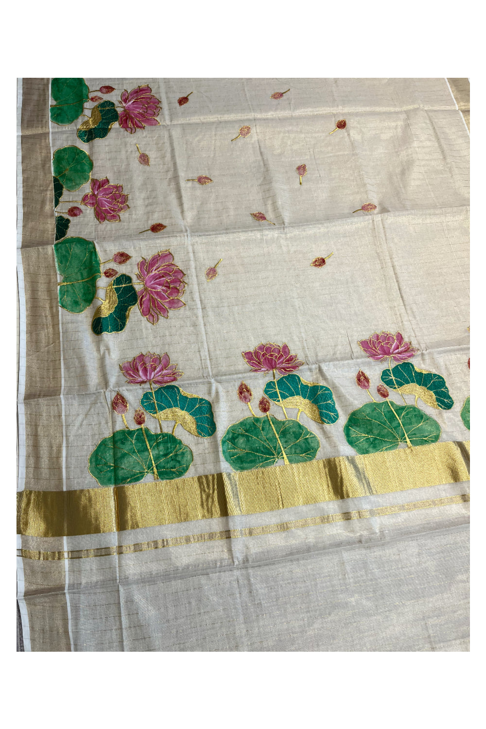 Southloom Tissue Kerala Kasavu Saree with Hand Painted Embroidery Lotus Design