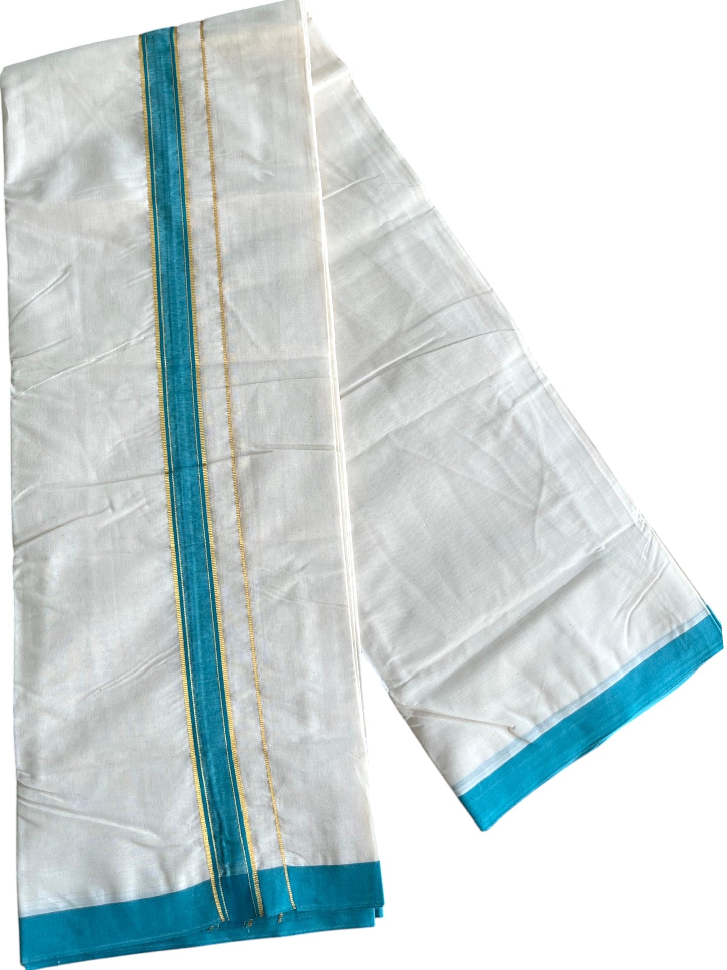 Southloom Pure Cotton Mundu with Golden Lines and Blue Border (South Indian Kerala Dhoti)