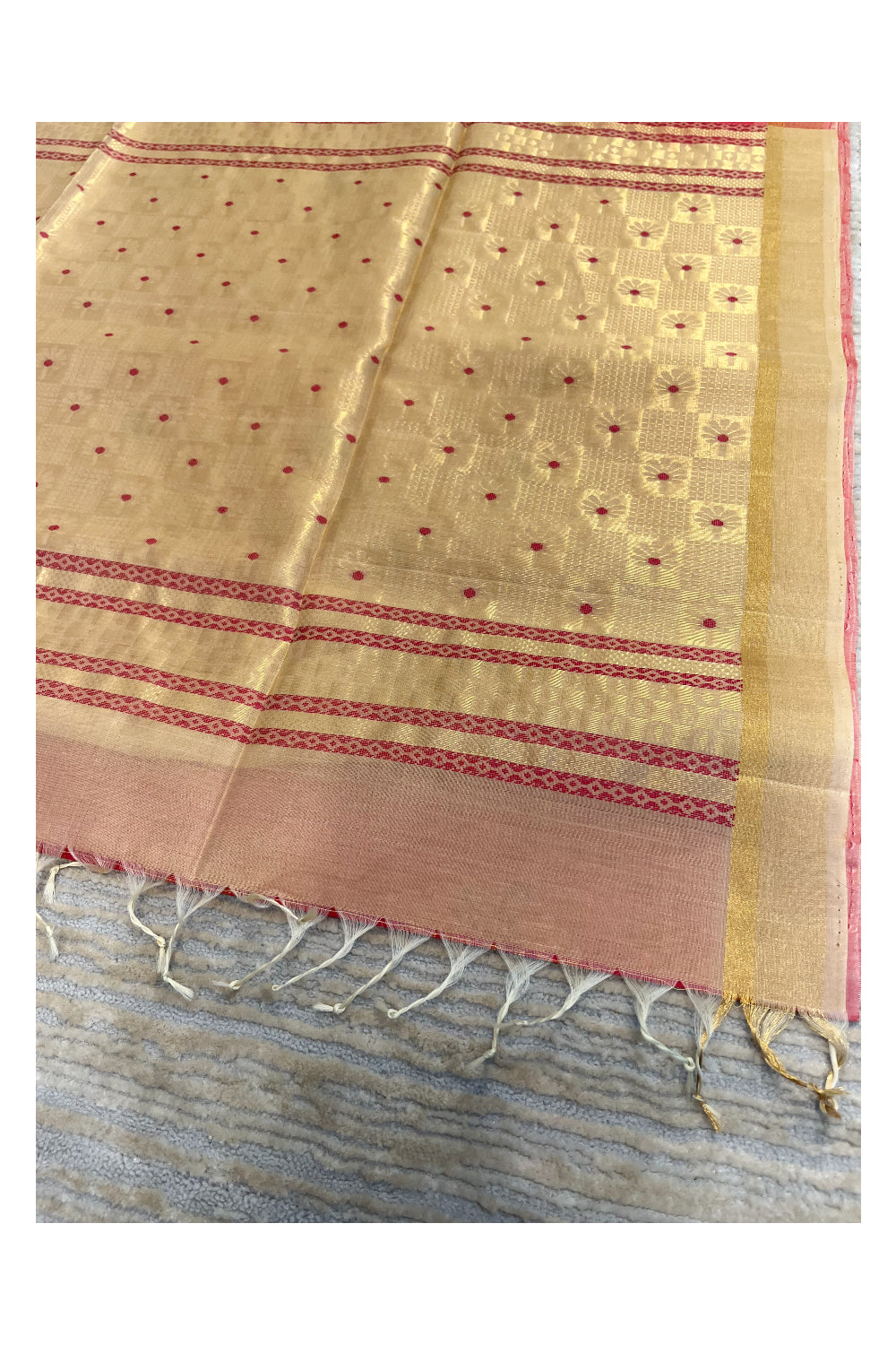 Southloom Pure Handloom Cotton Silk Saree With Handwoven Work Across Body and Blouse in Pink And Beige