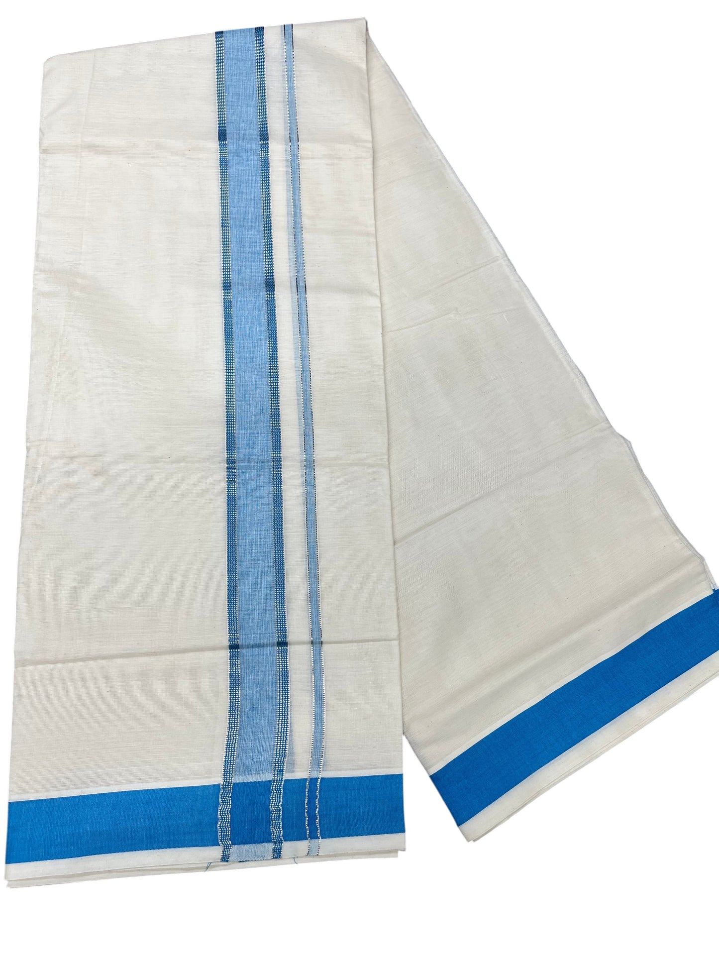 Southloom Kerala Pure Cotton Double Mundu with Silver Lines and Blue Border with (South Indian Dhoti)
