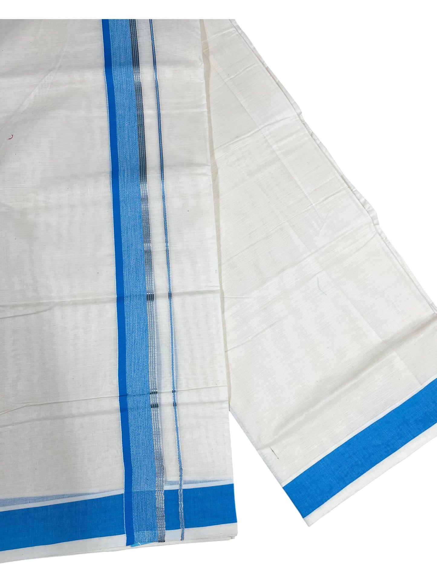 Southloom Pure Cotton Mundu with Silver Lines and Blue Border (South Indian Kerala Dhoti)