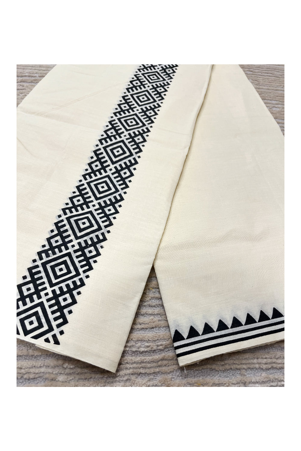 Pure Cotton Off White Double Mundu with Block Prints on Black Kara (South Indian Dhoti)