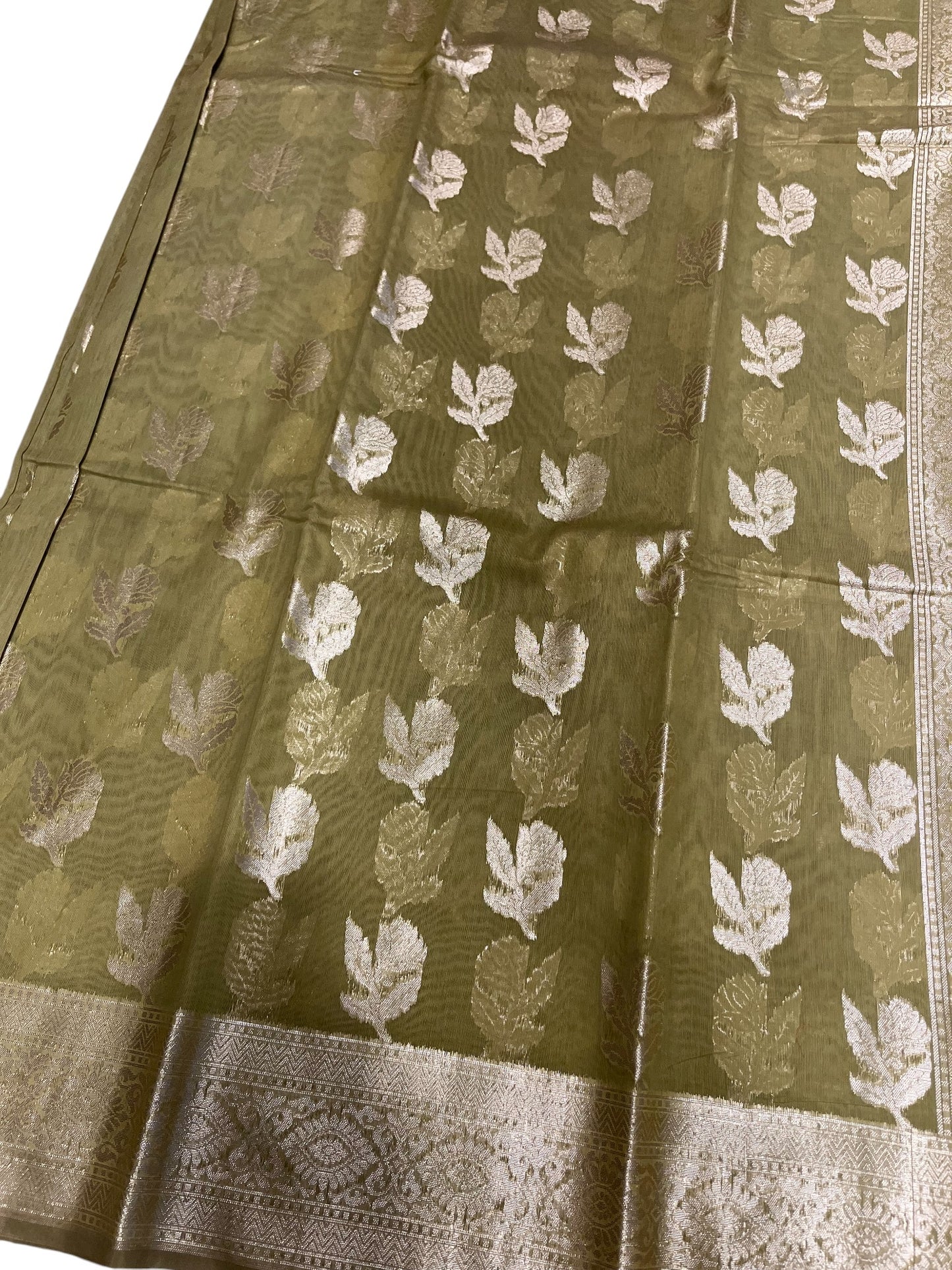 Southloom Cotton Banarasi Silk Saree with Woven Work on Body and Borders (Green)