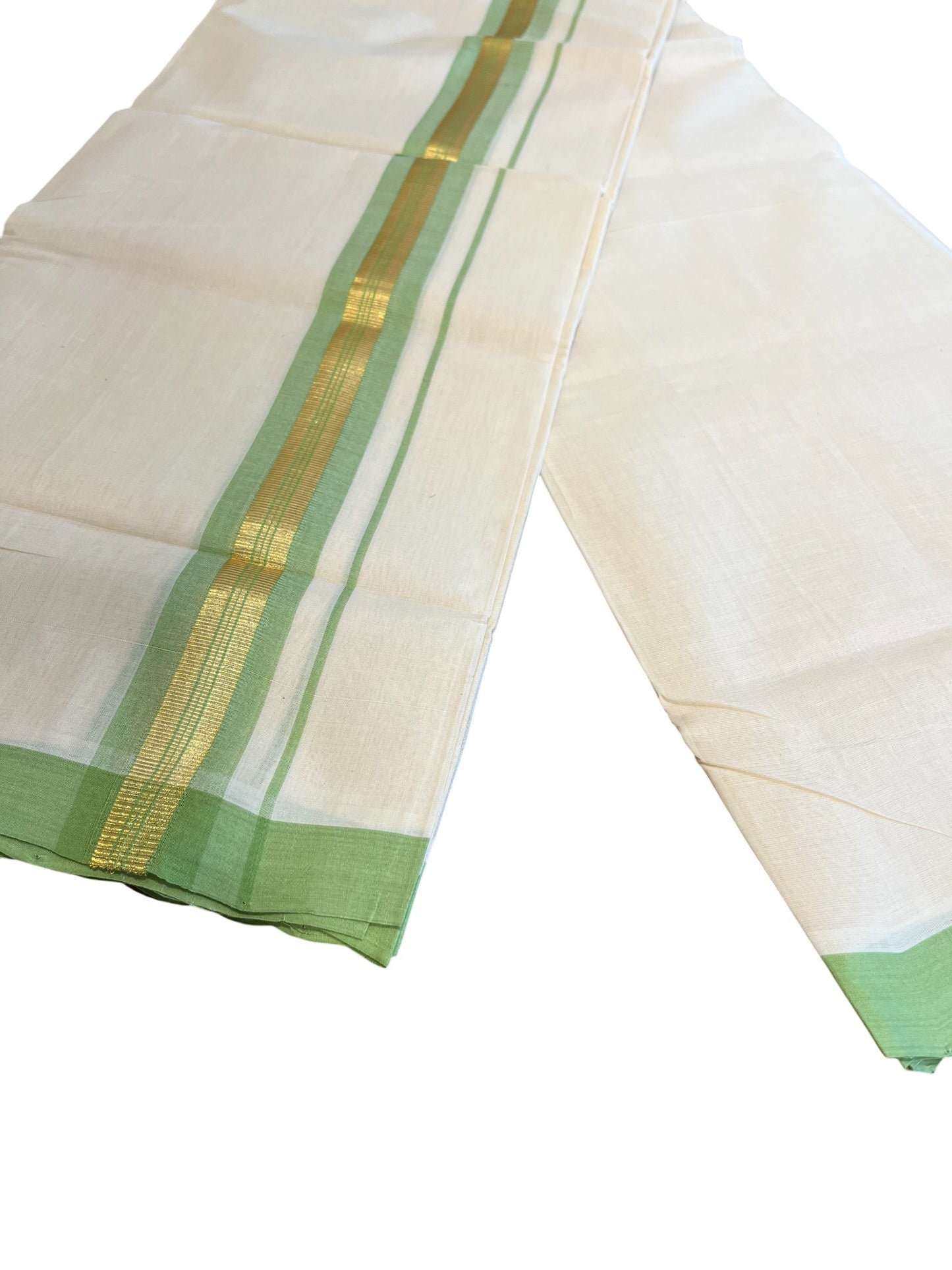 Southloom Premium Handloom Cotton Double Mundu with Gold and Green Border