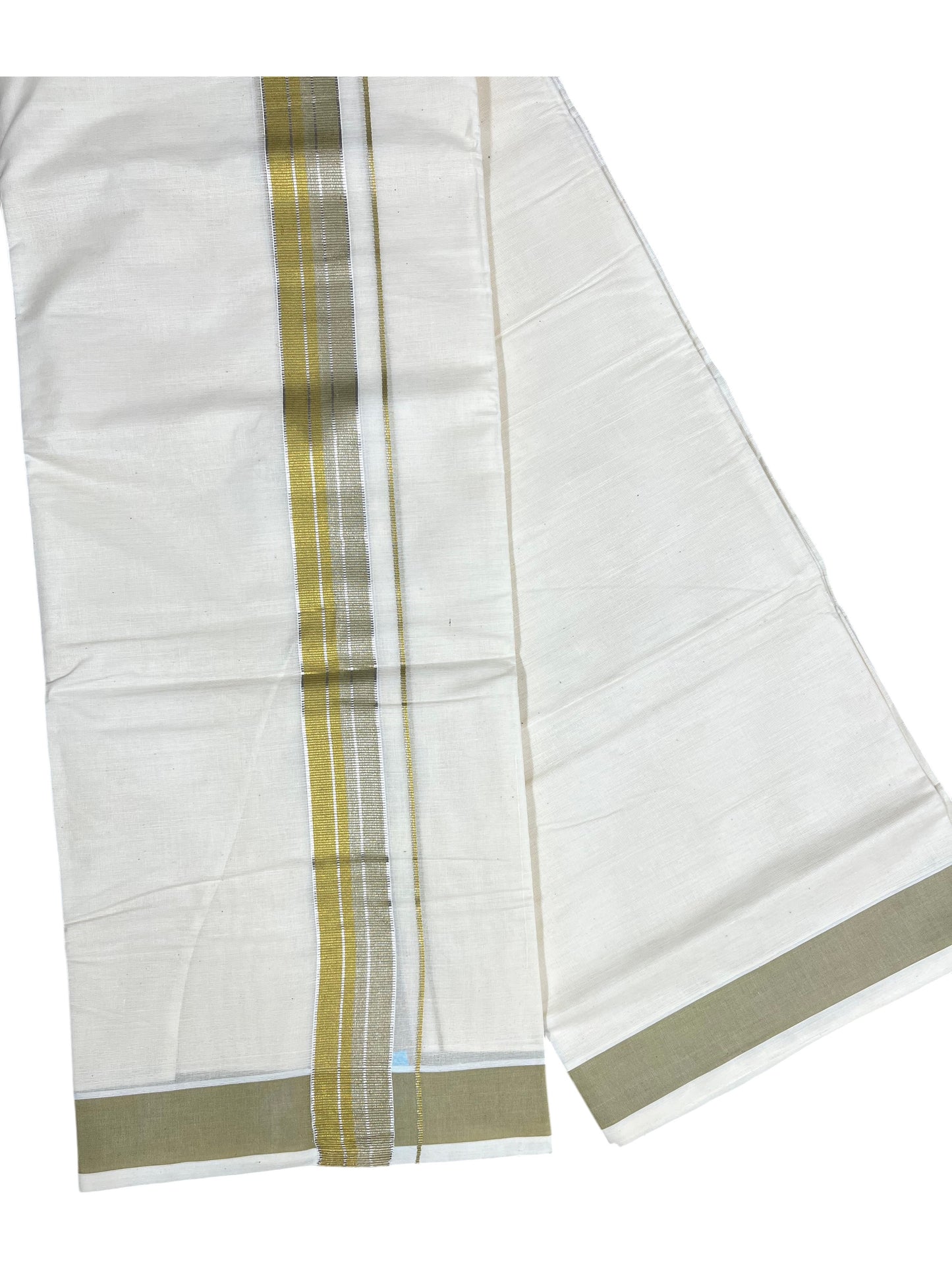 Southloom Pure Cotton Mundu with Silver Lines and Olive Green &Yellow Border (South Indian Kerala Dhoti)