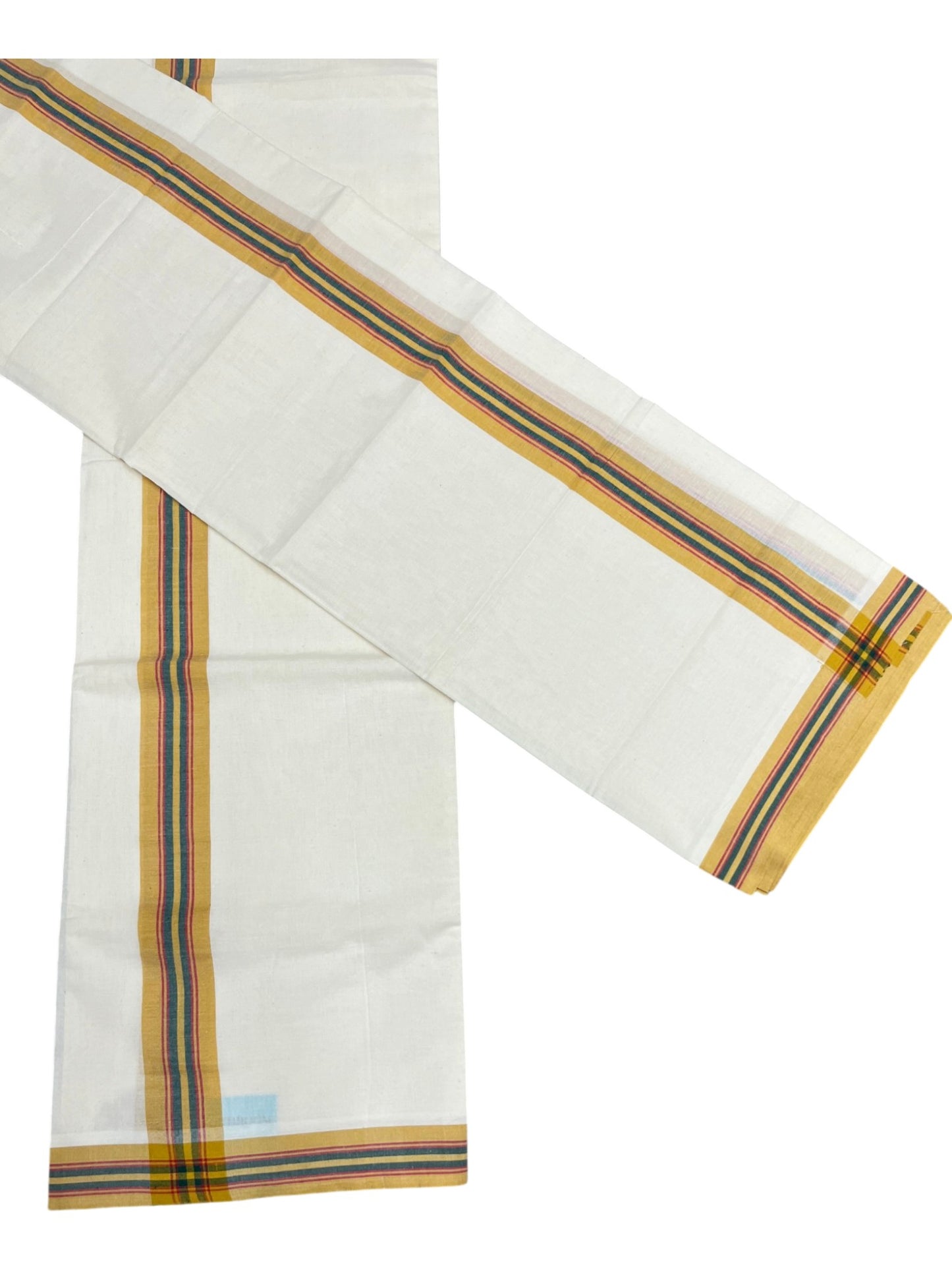 Southloom Pure Cotton Kerala Single Mulloth Set Mundu (Mundum Neriyathum) Mustard Yellow And Green Border in 2.80 mtrs SL243