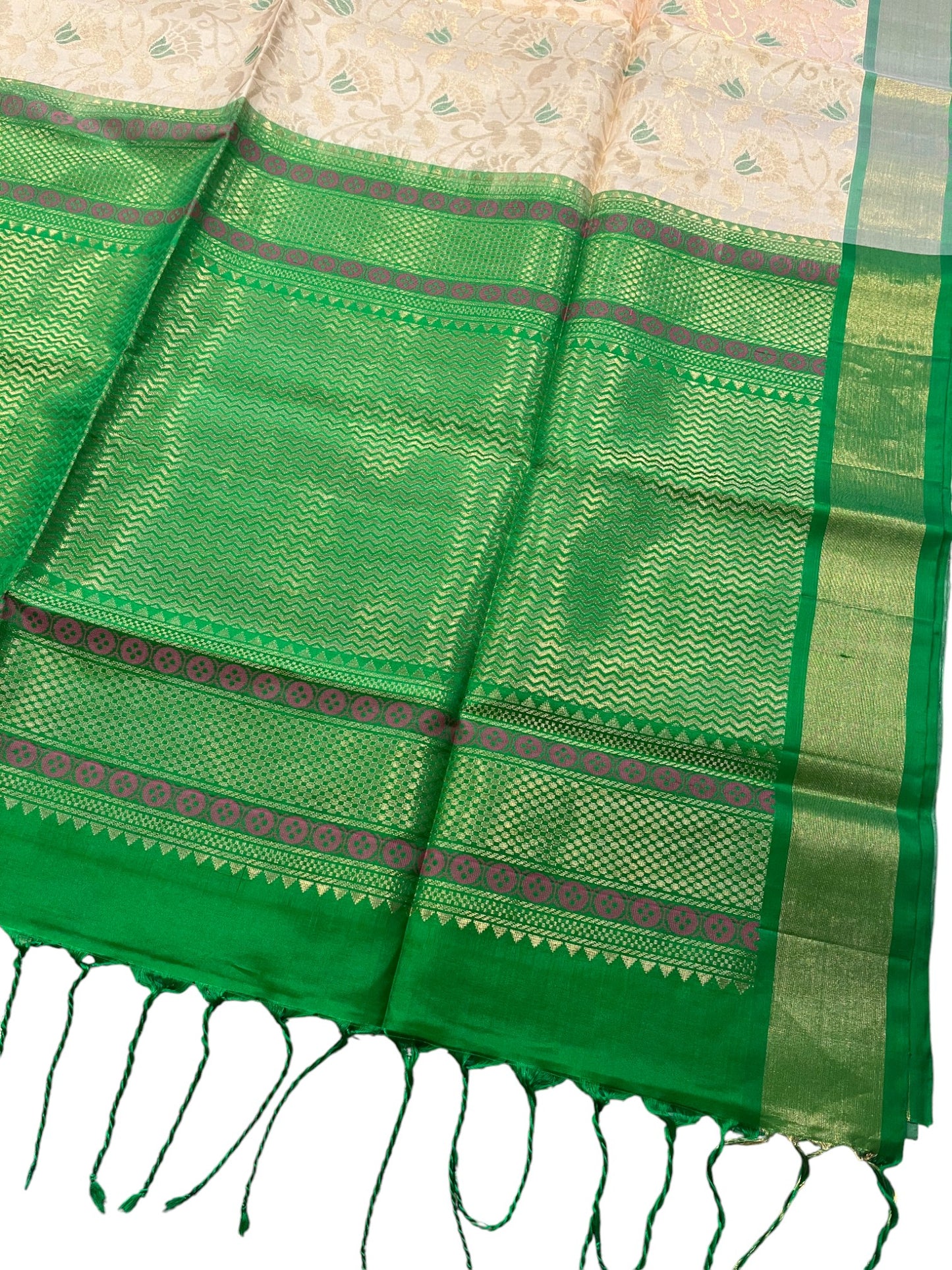 Southloom Pure Handloom Kanchipuram Silk Saree with Korvai Work (Beige & Green)