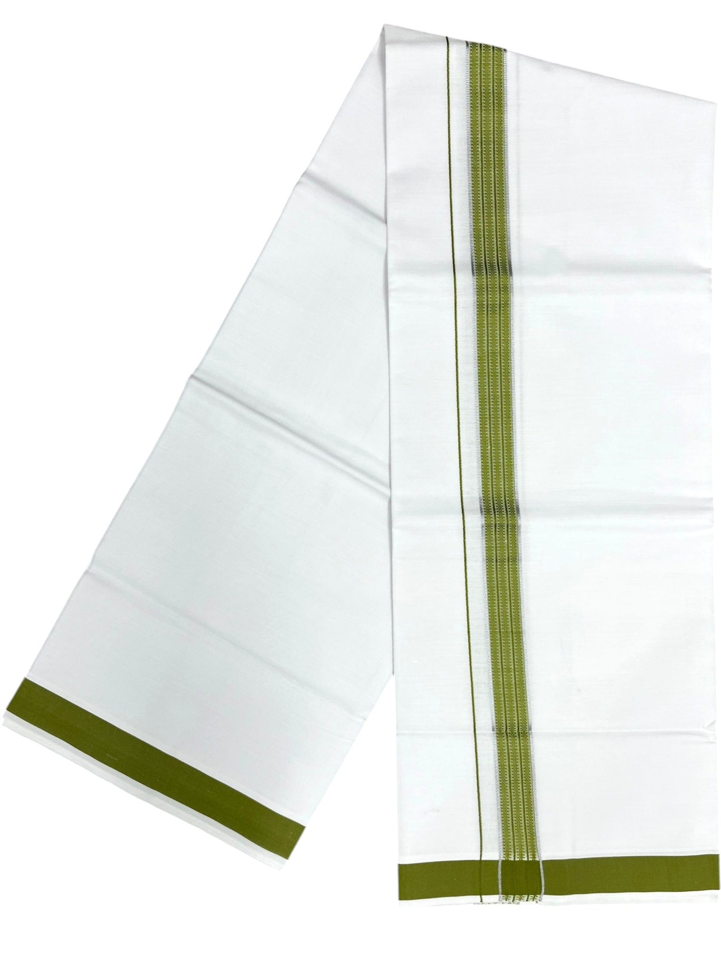 Southloom Pure White Cotton Single Mundu with Silver Line & Olive Green Border (South Indian Kerala Dhoti)