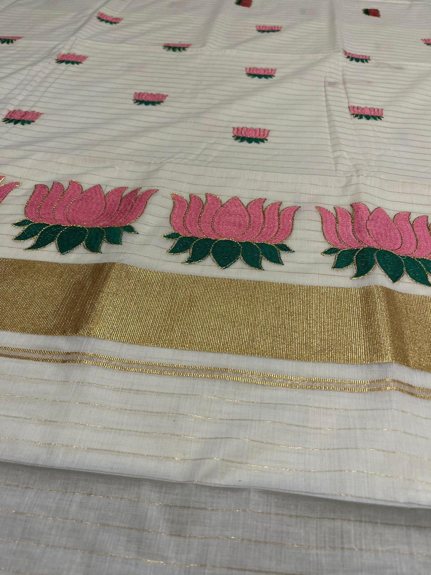 Southloom Kerala Cotton Kasavu Line Saree with Pink Lotus Embroidery Works