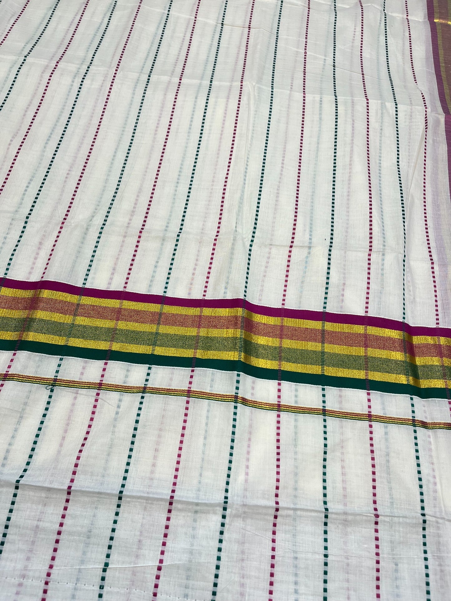 Southloom Cotton Kasavu Saree with Magenta and Green Thread Work Across Body