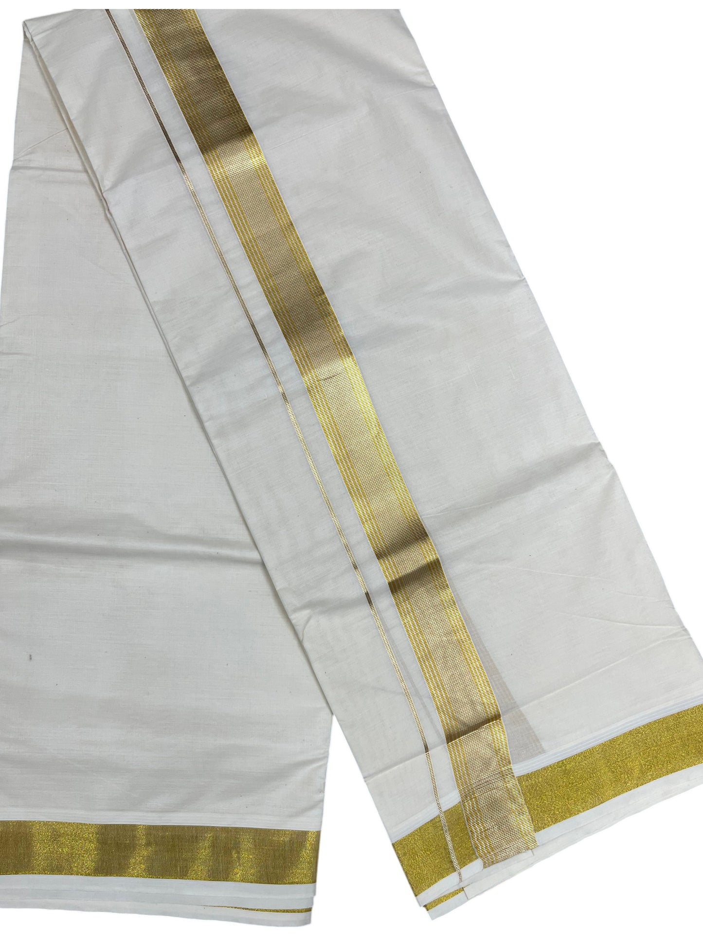 Southloom Kerala Pure Cotton Double Mundu with Gold Kasavu And Silver Line Border (South Indian Dhoti)