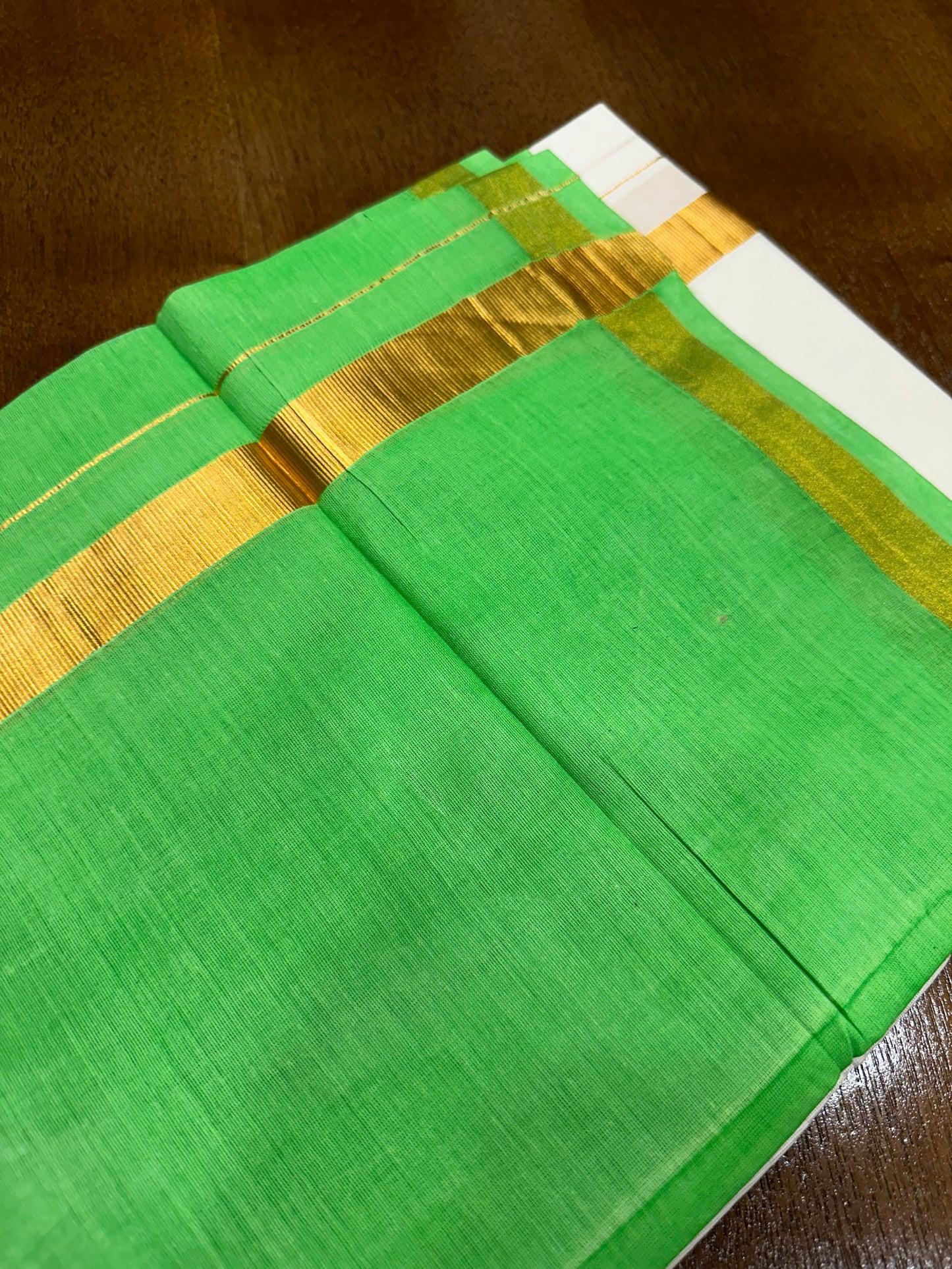 Southloom Tie & Dye - Half & Half Multi Colour Light Green Design Cotton Kerala Double Mundu with Kasavu Border (South Indian Kerala Dhoti)