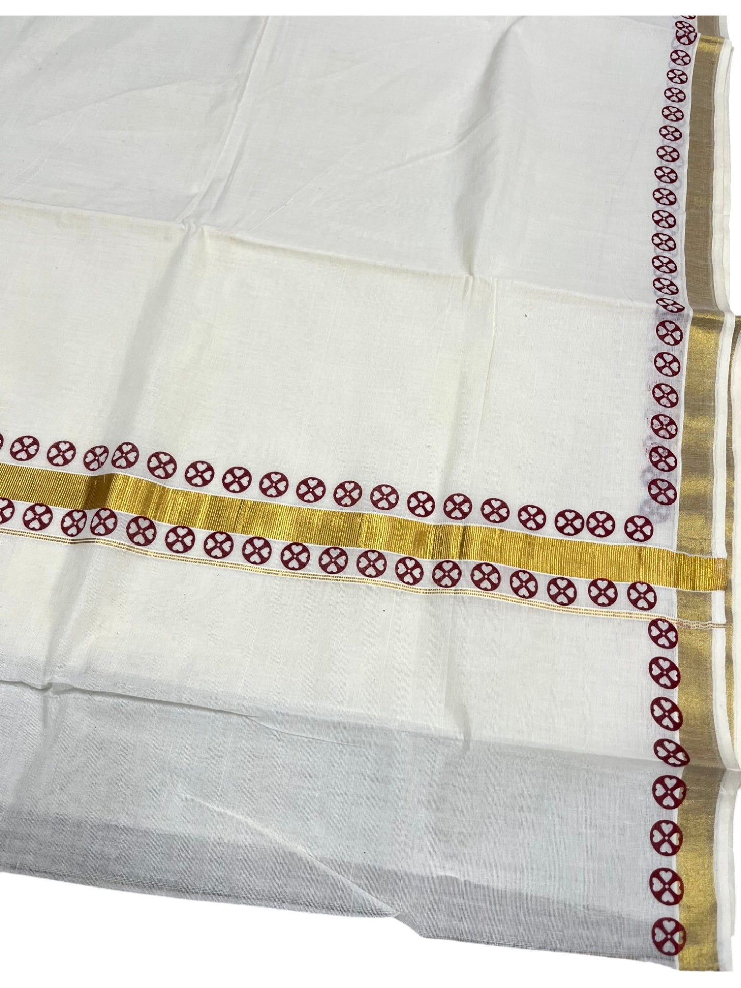 Southloom Cotton Kerala Kasavu Saree with Block Printed Design on Borders and Kara in Maroon