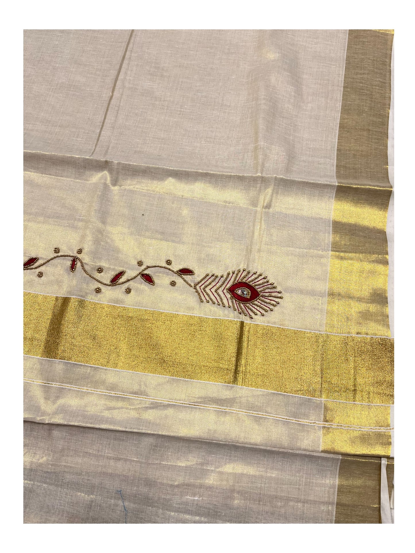 Kerala Tissue Kasavu Saree with Floral Embroidery and Sequins Work on Body