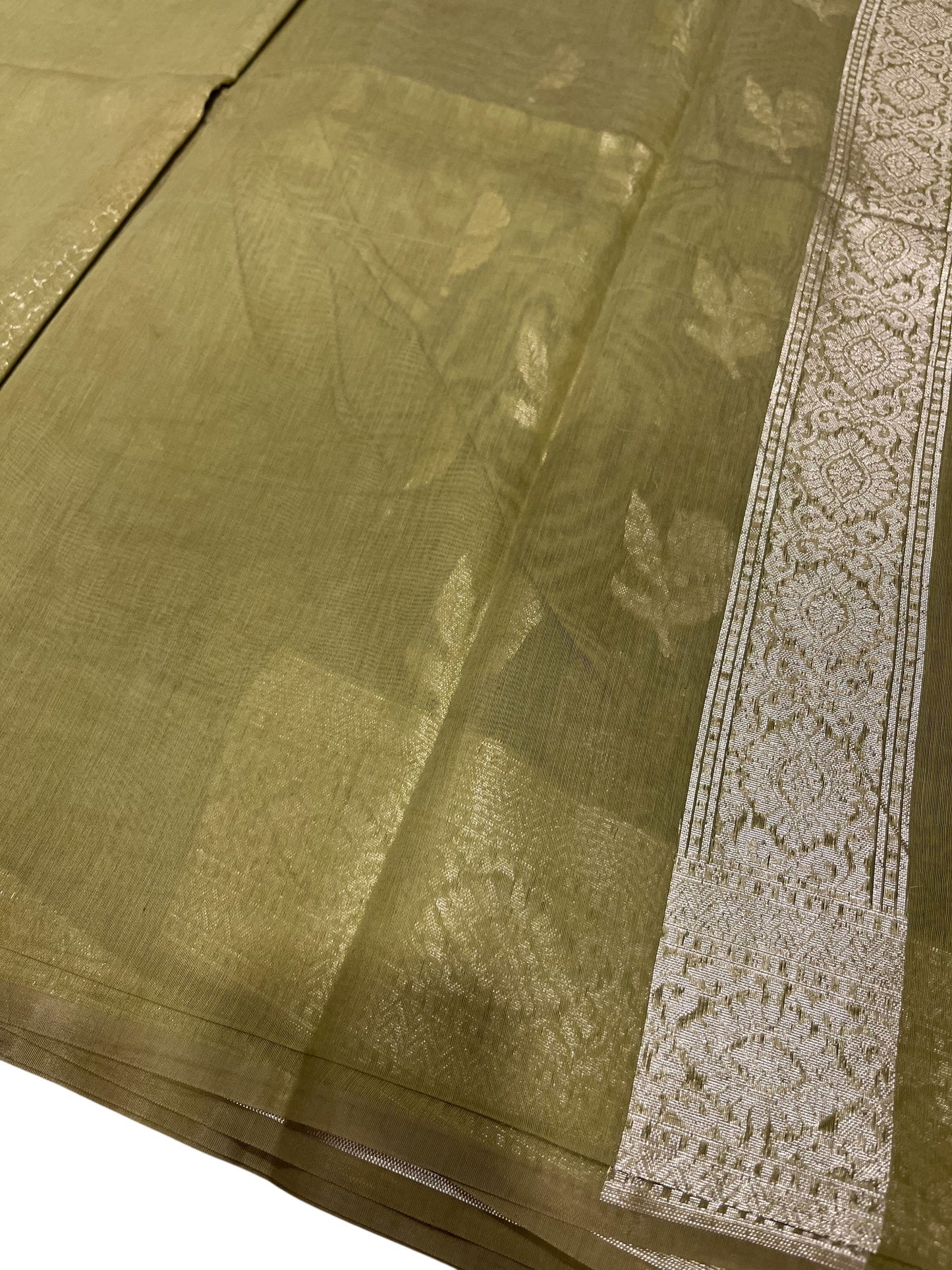 Southloom Cotton Banarasi Silk Saree with Woven Work on Body and Borders (Green)