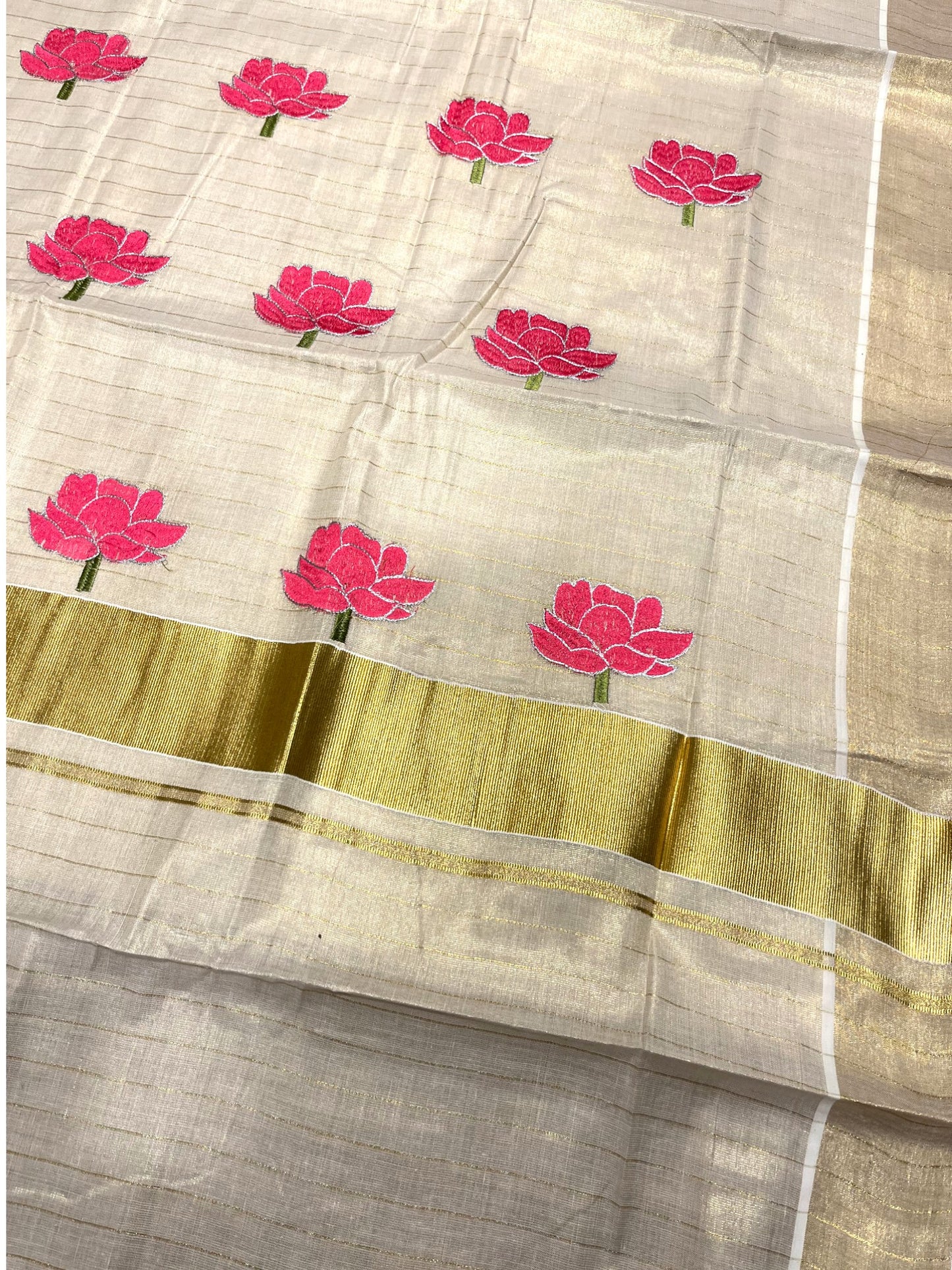 Southloom Tissue Kerala Kasavu Saree with Lotus Embroidery Design