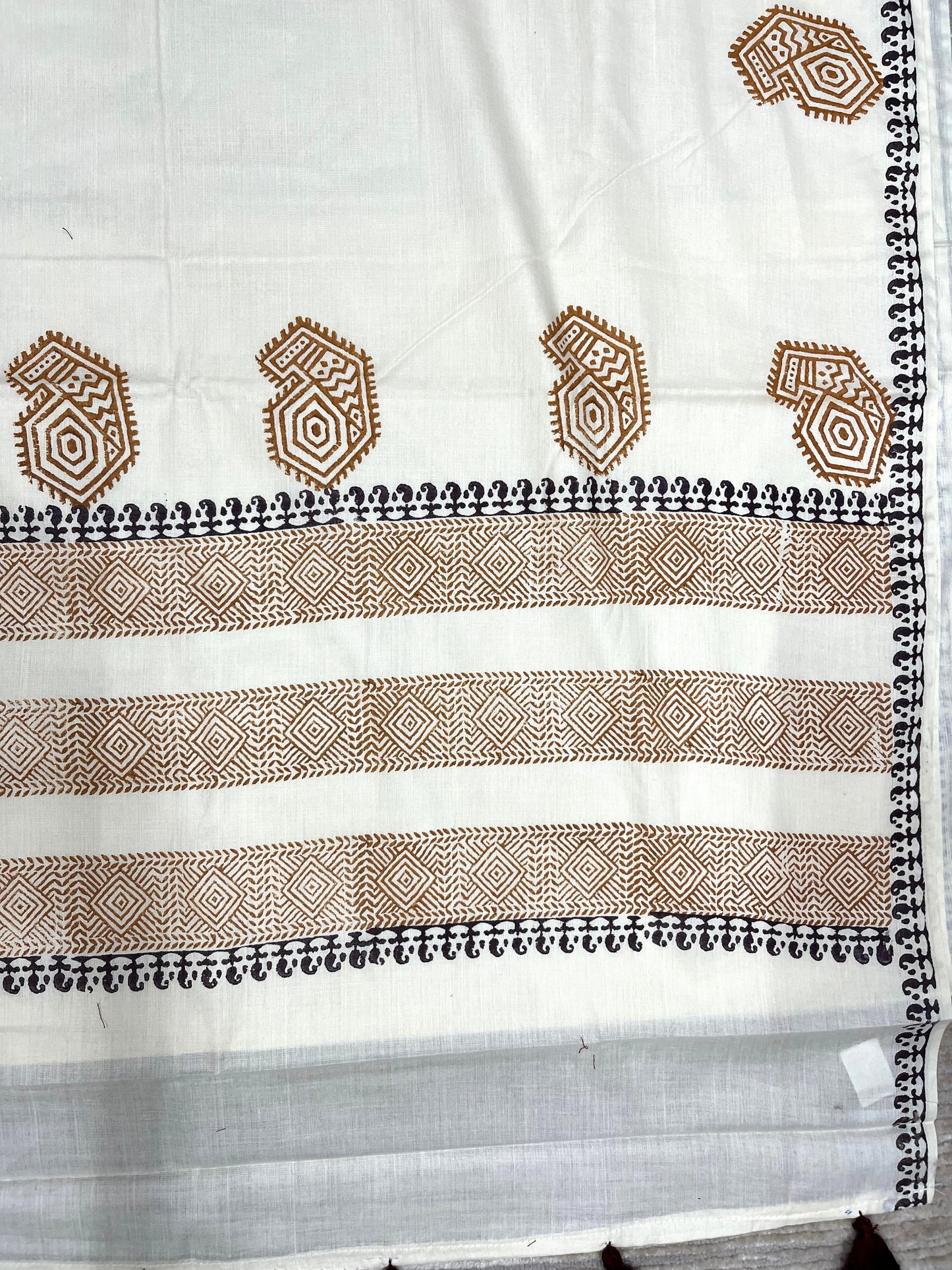 Southloom Kerala Cotton Saree with With Floral Digital Prints on Dark Purple& Mustard Yellow Borders