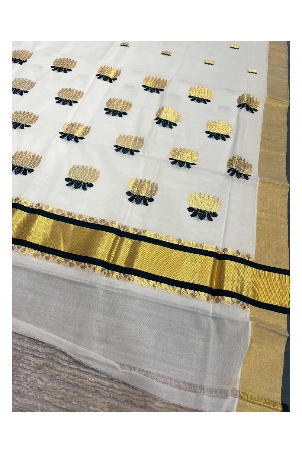 Southloom Premium Cotton Handloom Kerala Kasavu Saree with Woven Lotus Work