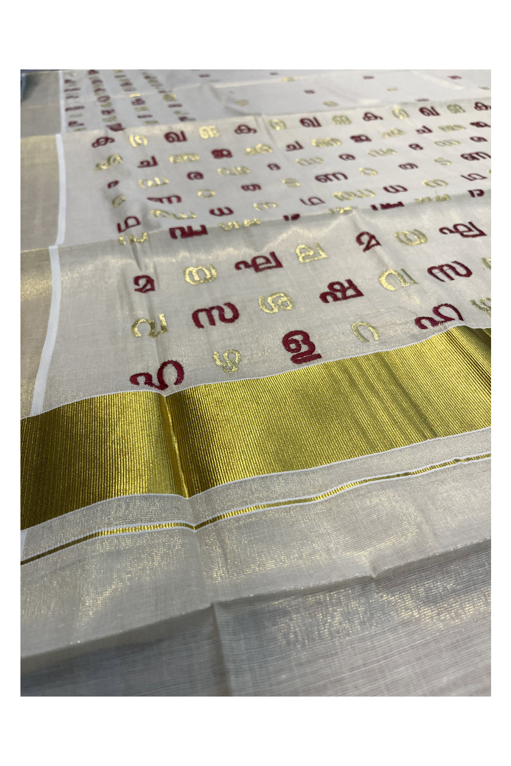 Southloom Kerala Tissue Kasavu Saree with Maroon and Gold Malayalam Aksharamala Embroidery Work on Body