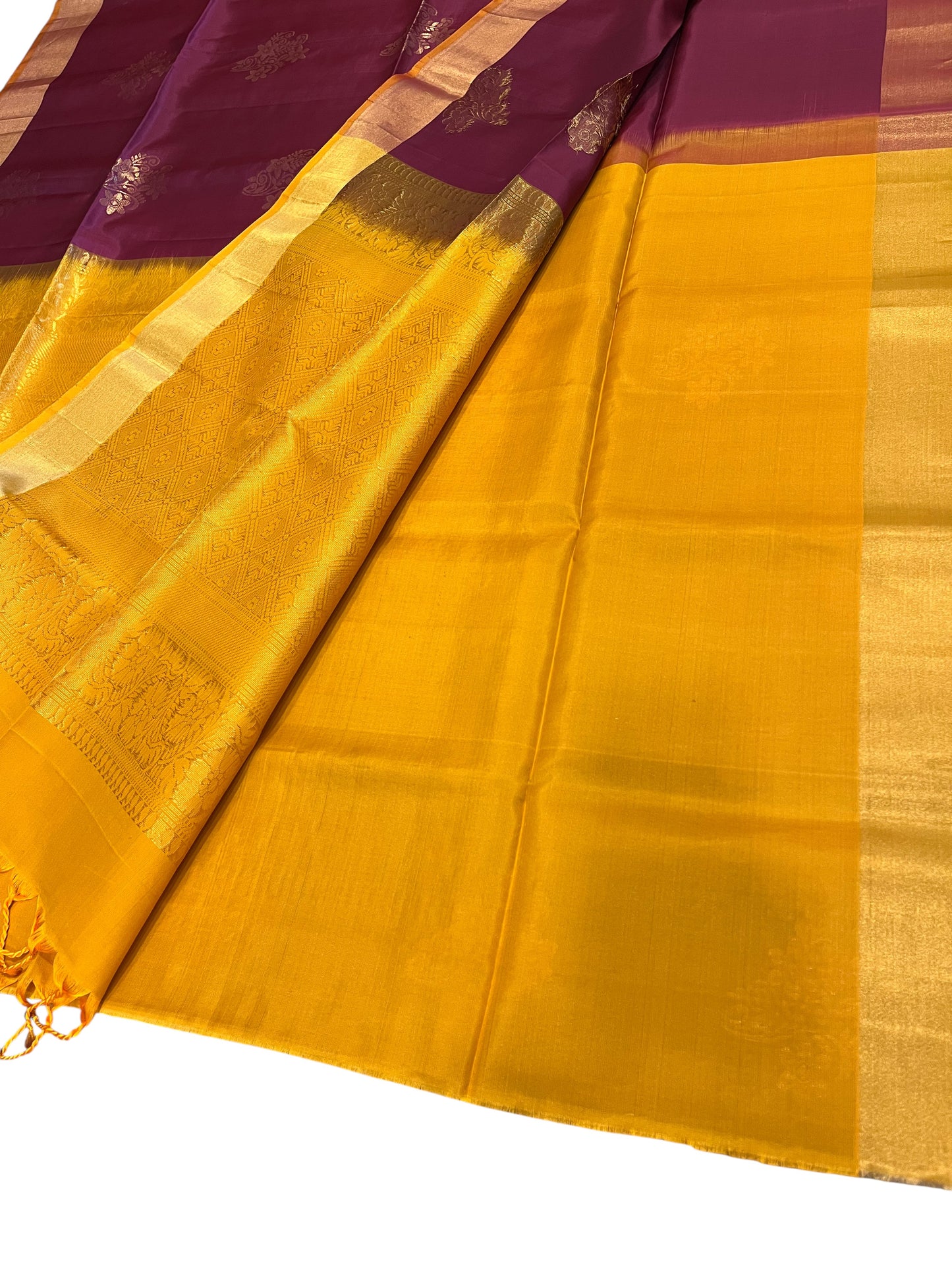 Southloom Pure Handloom Kanchipuram Silk Saree with Butta Work (Yellow & Purple)