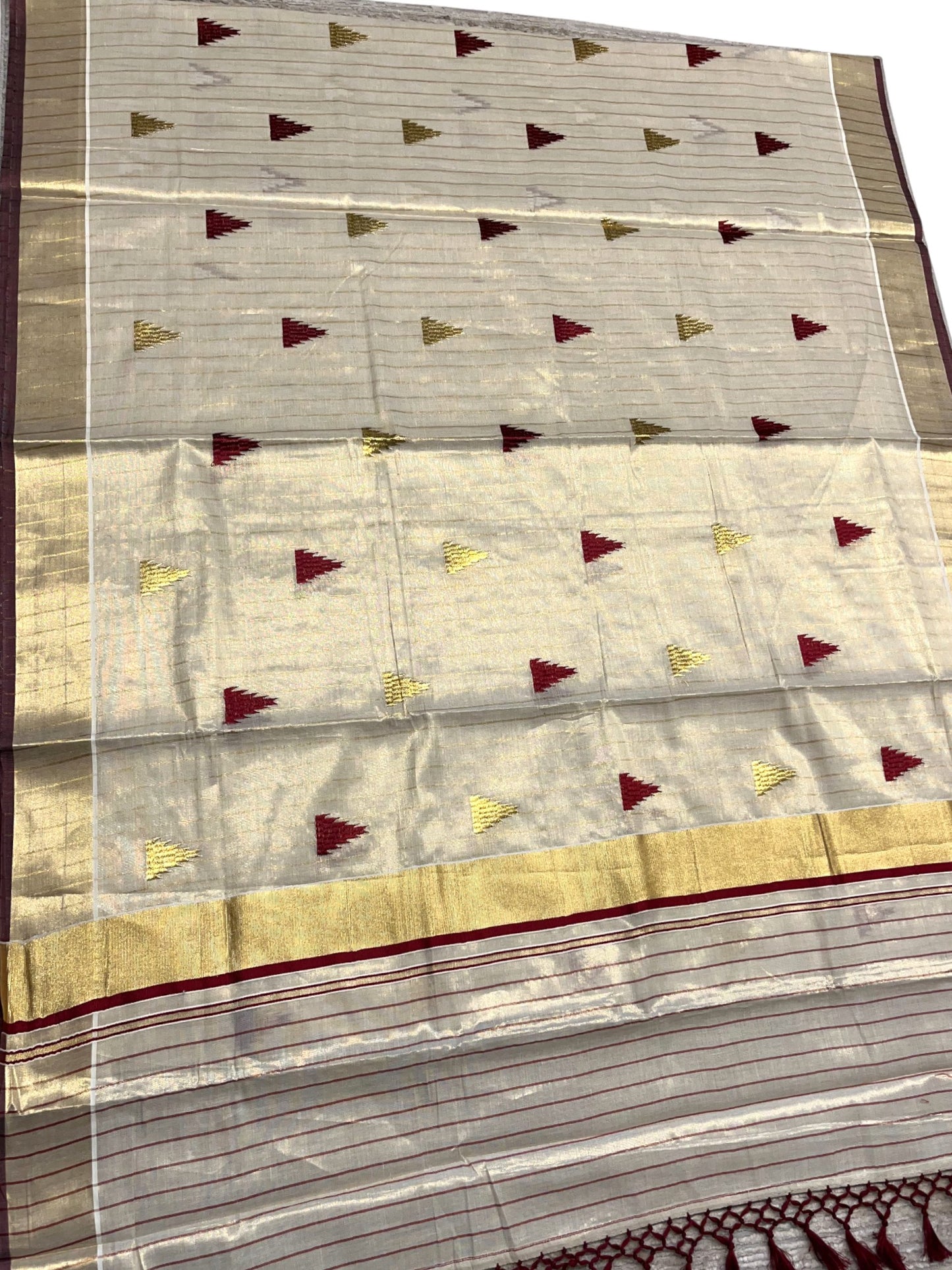 Kerala Tissue Kasavu Stripes Saree with Meroon and Gold Temple Embroidery Design on Body