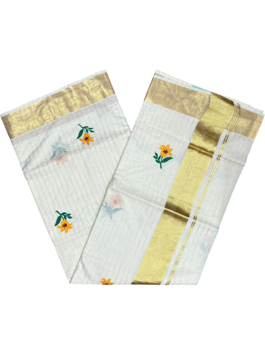 Southloom Kerala Cotton Kasavu Line Saree with Yellow Floral Embroidery Works