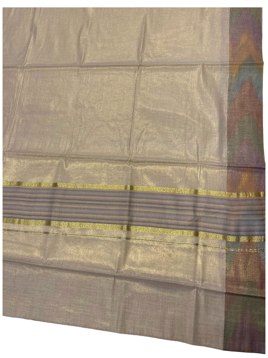 Southloom Kerala Tissue Kasavu Saree with Multi Colour Pochampally Design on Borders and Kara