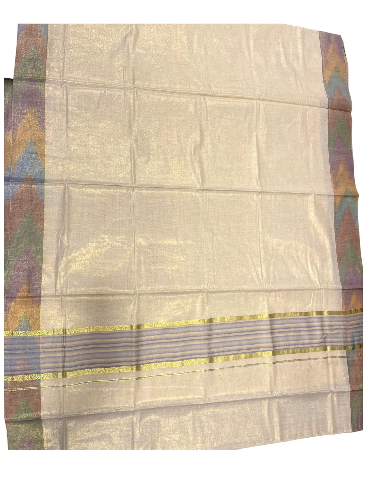 Southloom Kerala Tissue Kasavu Saree with Multi Colour Pochampally Design on Borders and Kara