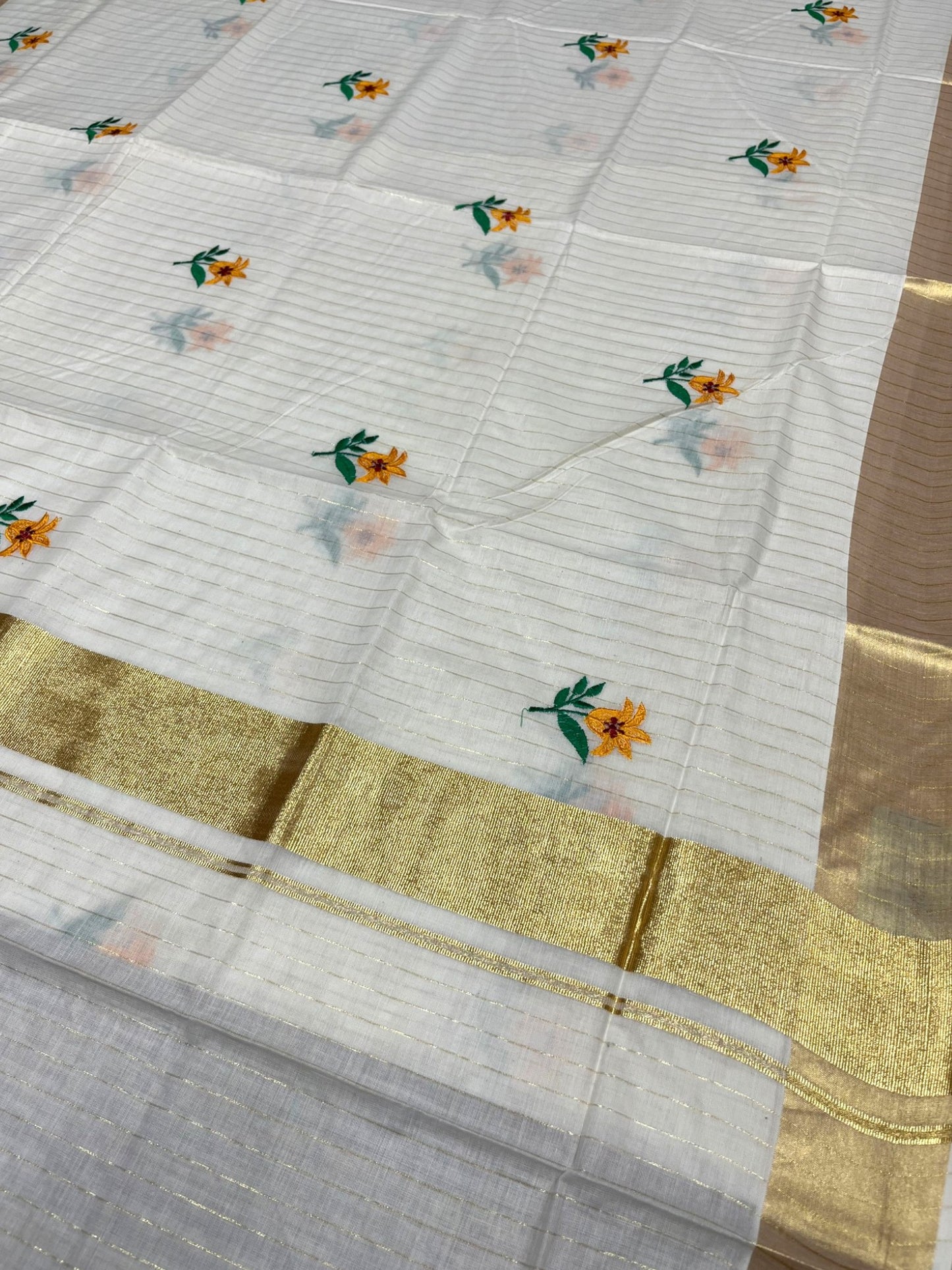 Southloom Kerala Cotton Kasavu Line Saree with Yellow Floral Embroidery Works