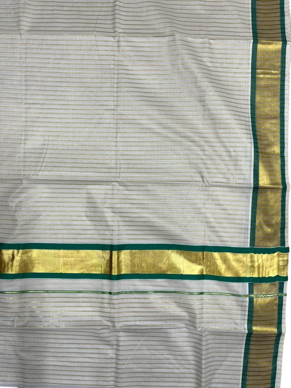 Southloom Pure Cotton Kerala Saree with Gold Kasavu Lines Across Body and Green Border