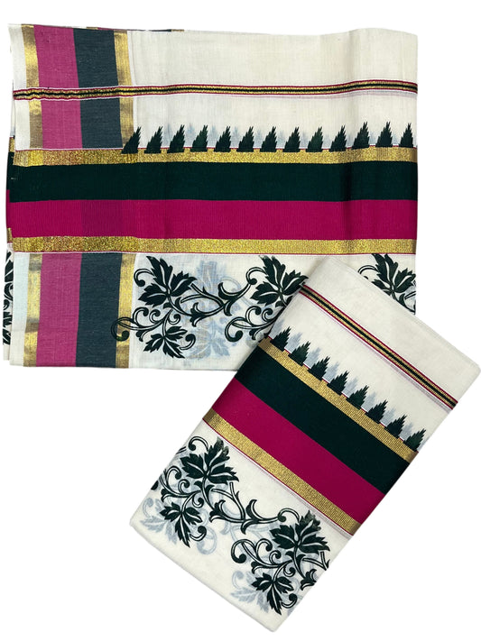 Southloom Pure Cotton Kerala Single Set Mundu (Mundum Neriyathum) with Floral and Temple Print with Green and Magentha Border