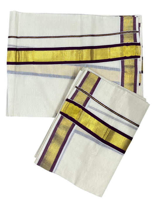 Kerala Cotton Set Mundu (Mundum Neriyathum) with Kasavu and Purple Border 2.80 Mtrs SL244