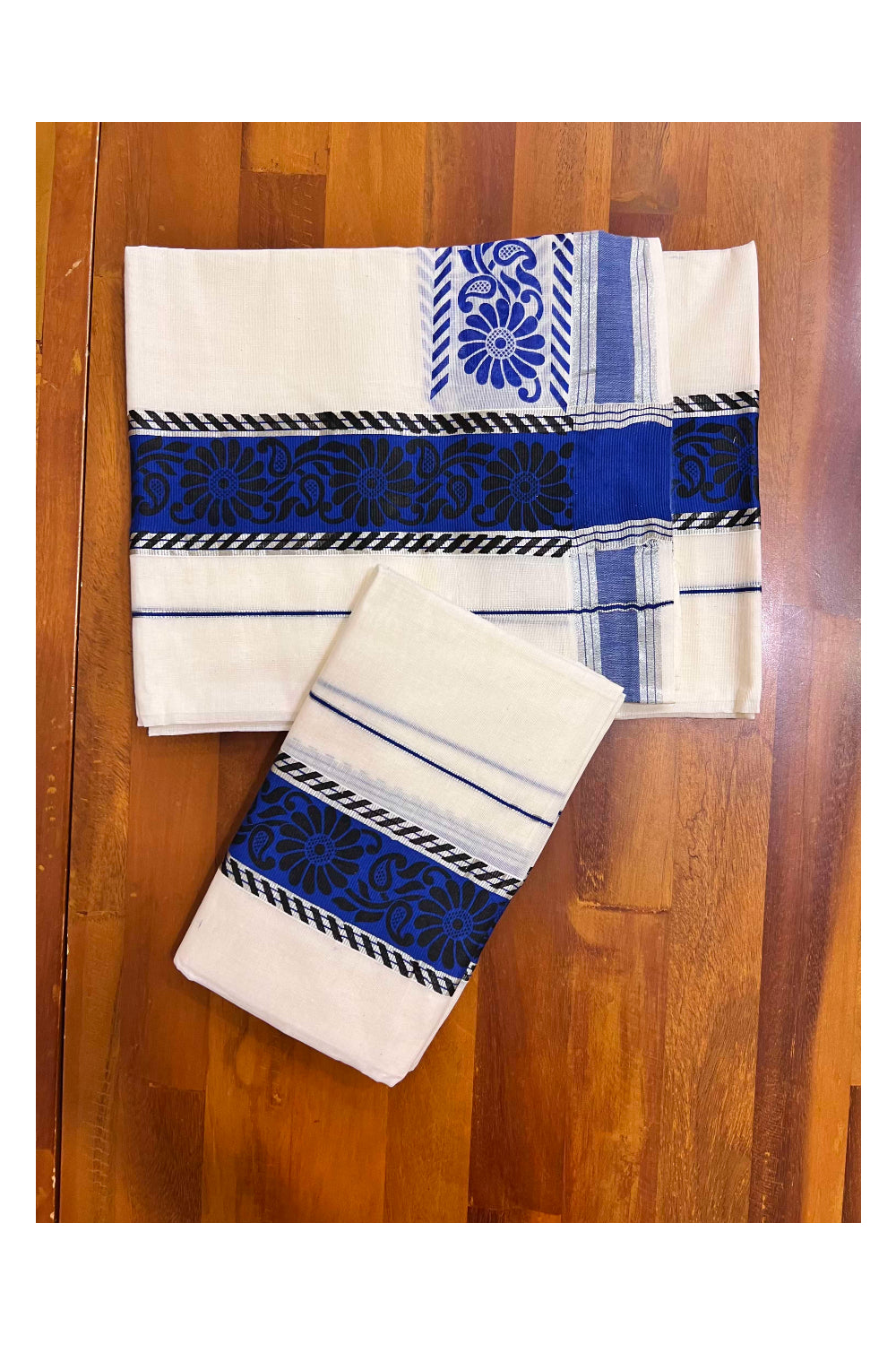 Kerala Pure Cotton Set Mundu Single (Mundum Neriyathum) with Black Block Prints on Blue Border and Silver Kasavu - 2.80Mtrs