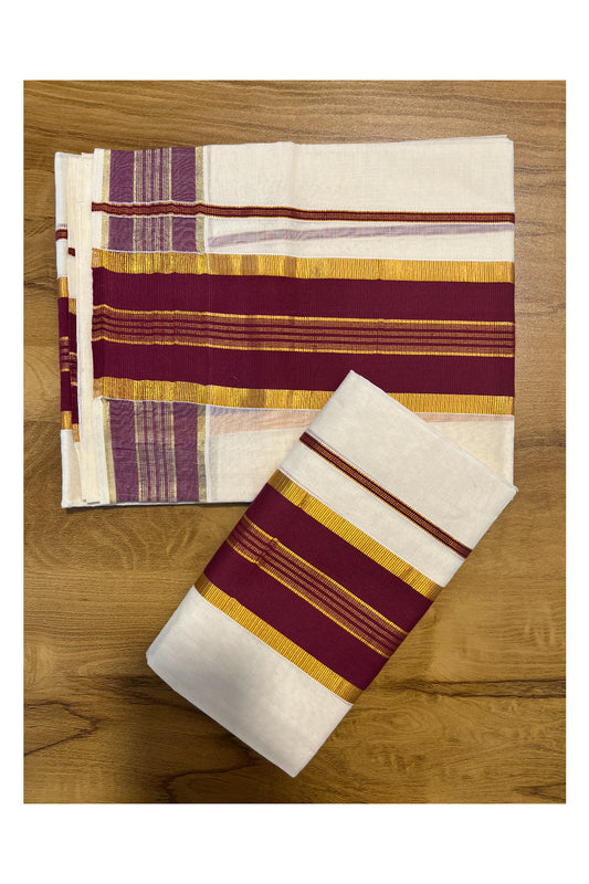 Kerala Cotton Set Mundu (Mundum Neriyathum) with Kasavu and Purple Border in 2.80 Mtrs