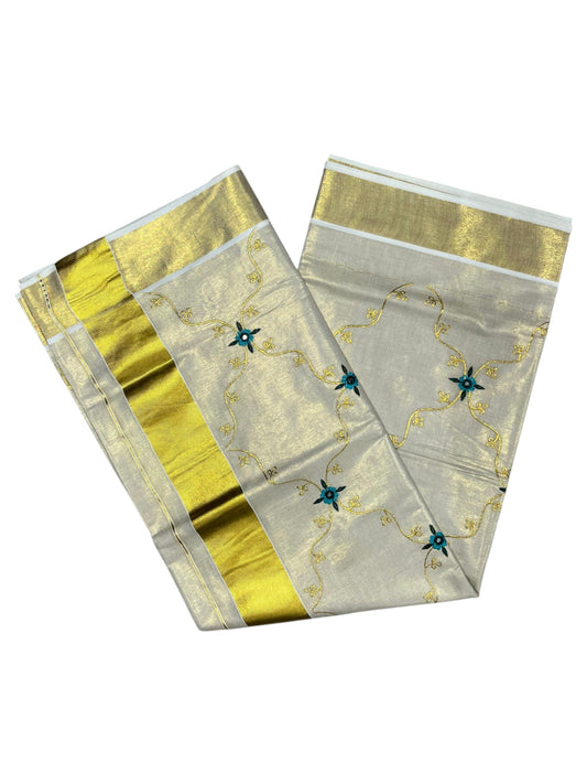 Southloom Tissue Kerala Kasavu Plain Saree with Embroidery Designs on Body