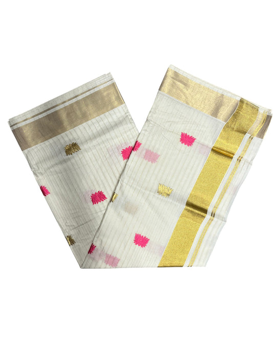 Southloom Kerala Cotton Kasavu Line Saree with Pink Lotus Embroidery Works